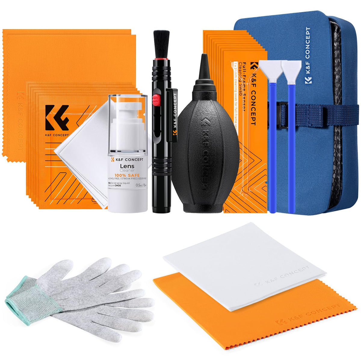 K&F Concept Professional Lens Cleaning Kit For Dslr & Mirrorless Cameras With Aps-C/Full-Frame Sensor Cleaning Swabs/Lens Cleaner/Gloves/Camera Blower/Lens Pen Brush/Microfiber Cloths/Carrying Case