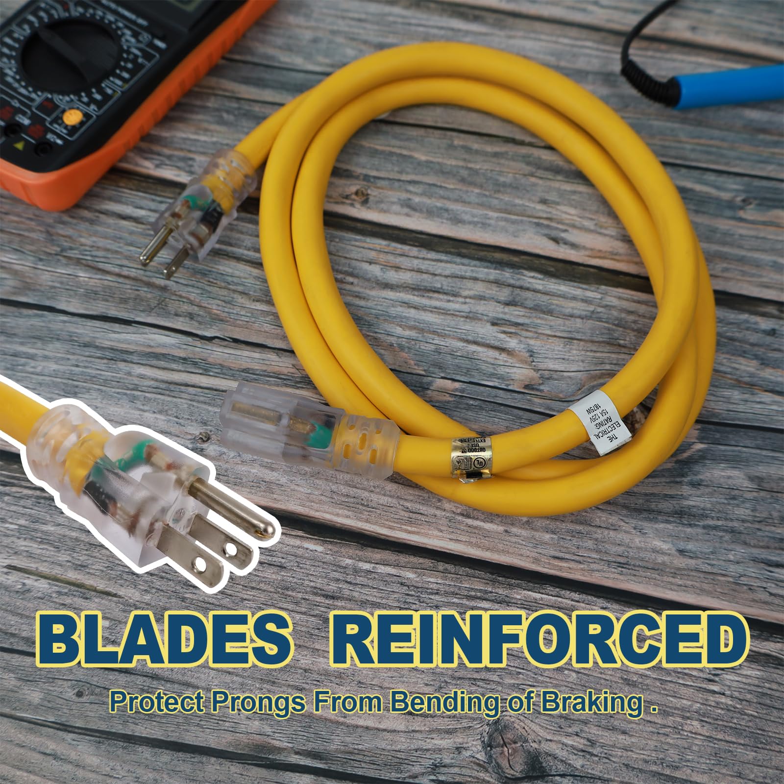 Ep 15 Ft Lighted Outdoor Extension Cord   10/3 Sjtw Heavy Duty Yellow Extension Cable With 3 Prong Grounded Plug For Safety, Ul