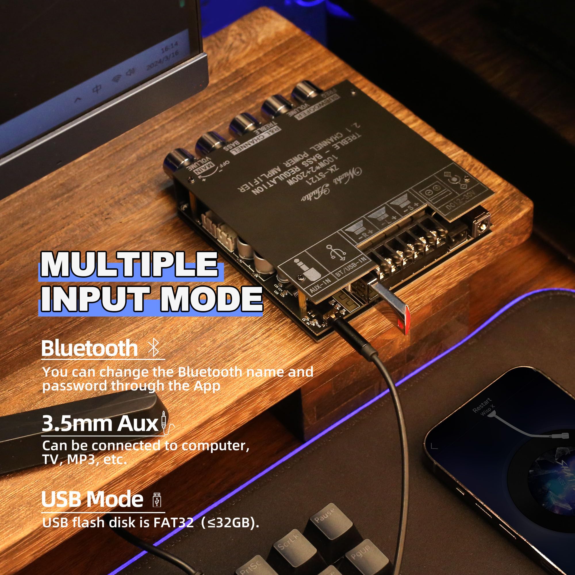 Zk St21 Tpa3221 Bluetooth Power Amplifier Board With Subwoofer 2.1 Channel 100W  2+200W, 12V 30V Audio Power Amplifier Module Wi