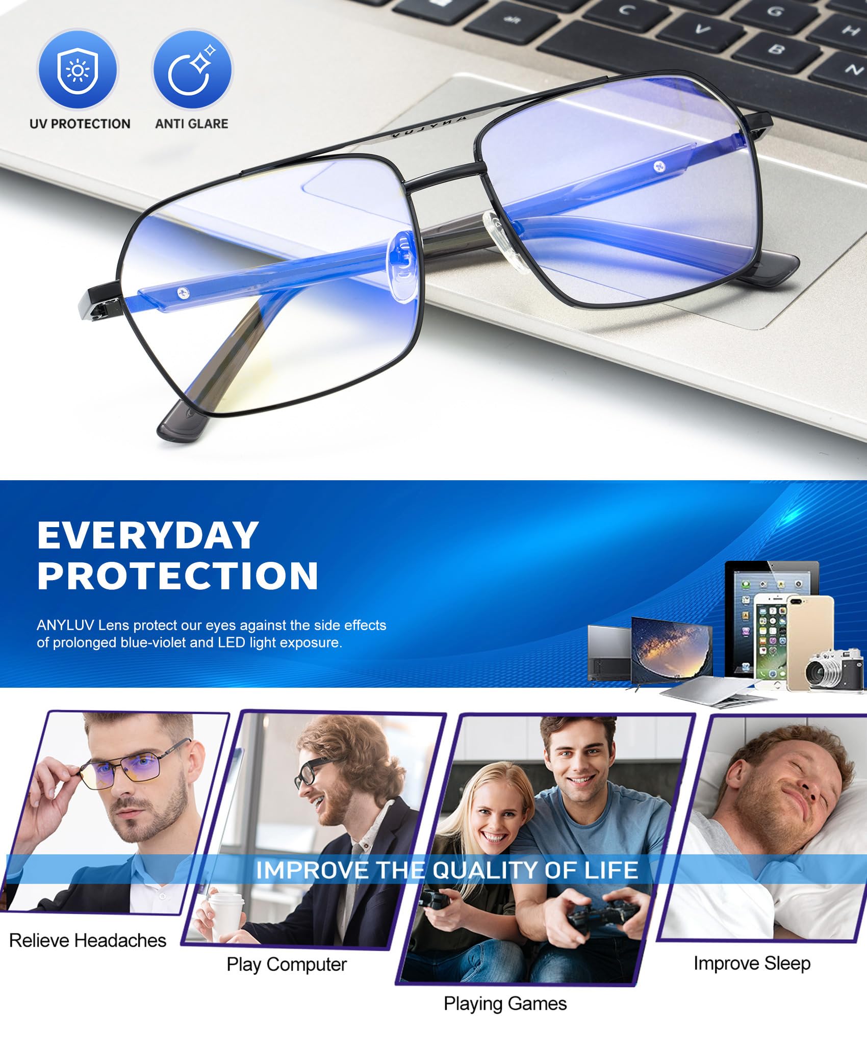 Anyluv Blue Light Glasses Men Blue Light Blocking Glasses: Mens Bluelight Glasses Computer Screen Blocker Eyes Protection Clear