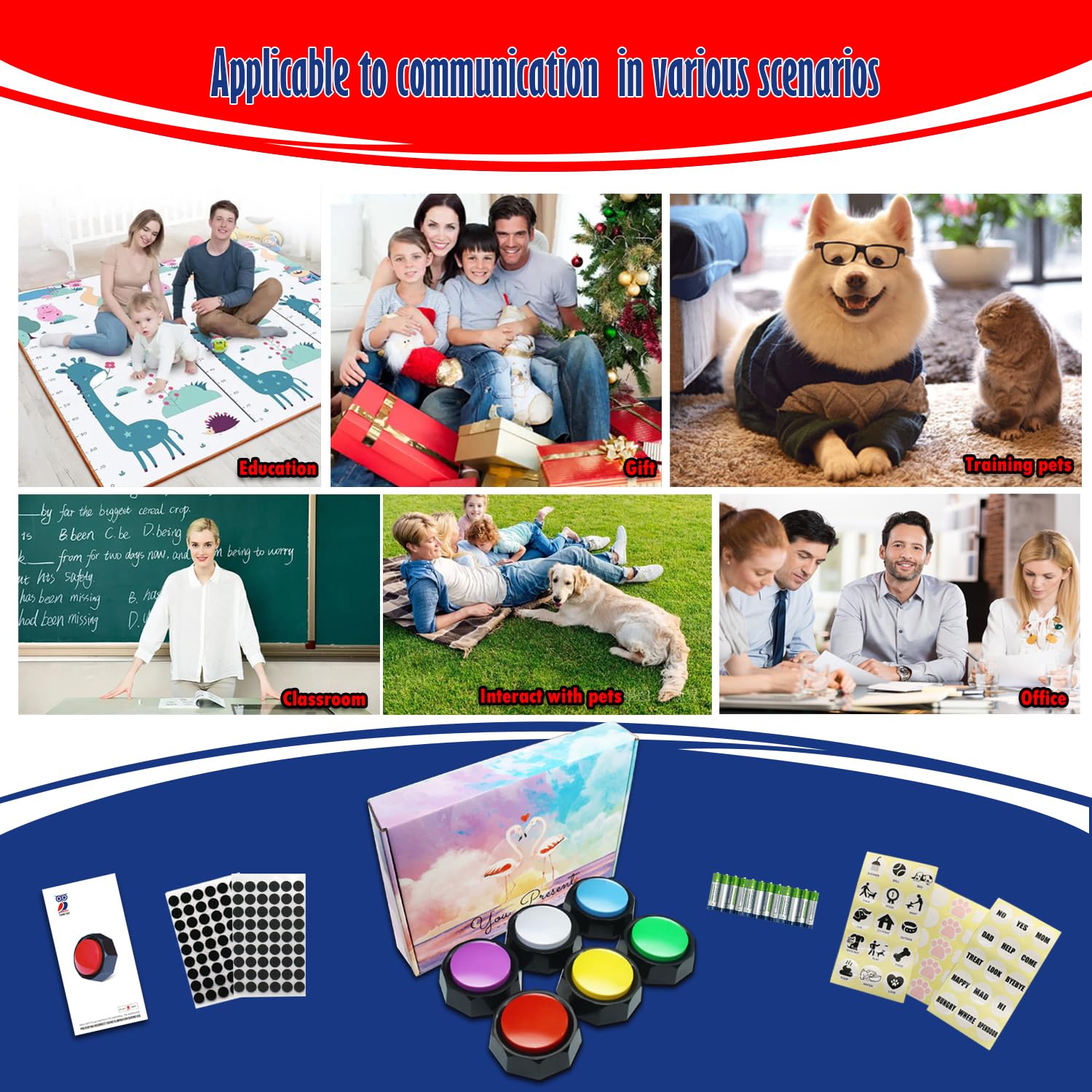 Recordable Buttons, Dog Training And Communication Buttons, Pack Of 6, 30 Seconds Recording, 30 Scene Stickers,15 Custom Sticker