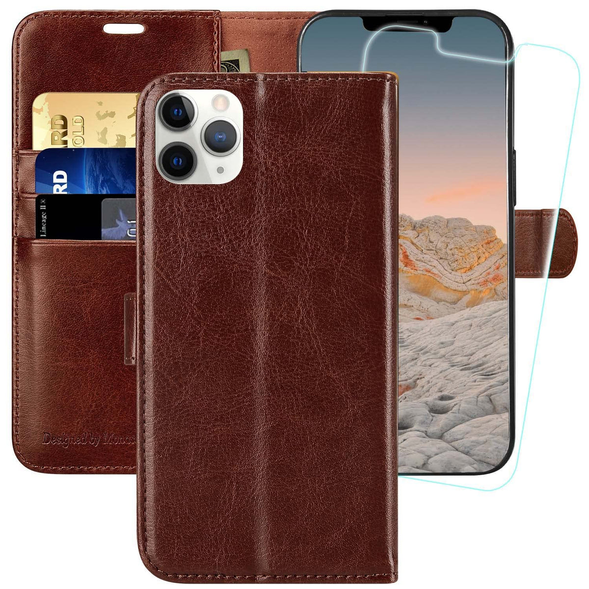 Monasay Iphone 11 Pro Wallet Case, 5.8-Inch, [Glass Screen Protector Included] [Rfid Blocking] Flip Folio Leather Cell Phone Cov