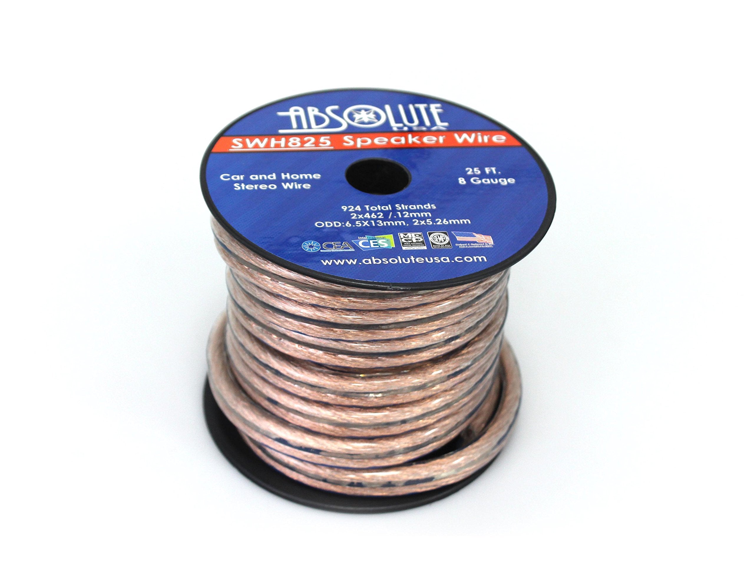 Absolute Usa Swh825 8 Gauge Car Home Audio Speaker Wire Cable Spool 25'