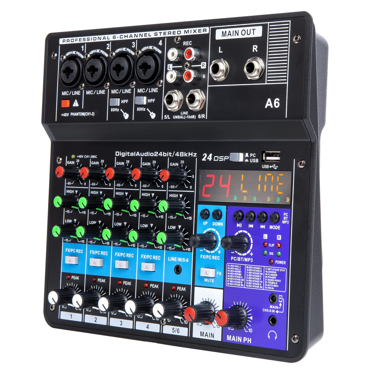 6 Channel Audio Mixer   Portable Digital Line Mixer Console Build in 24 DSP Effects BT Function�48V Phantom Power for Karaoke�Streaming by YOUSHARES