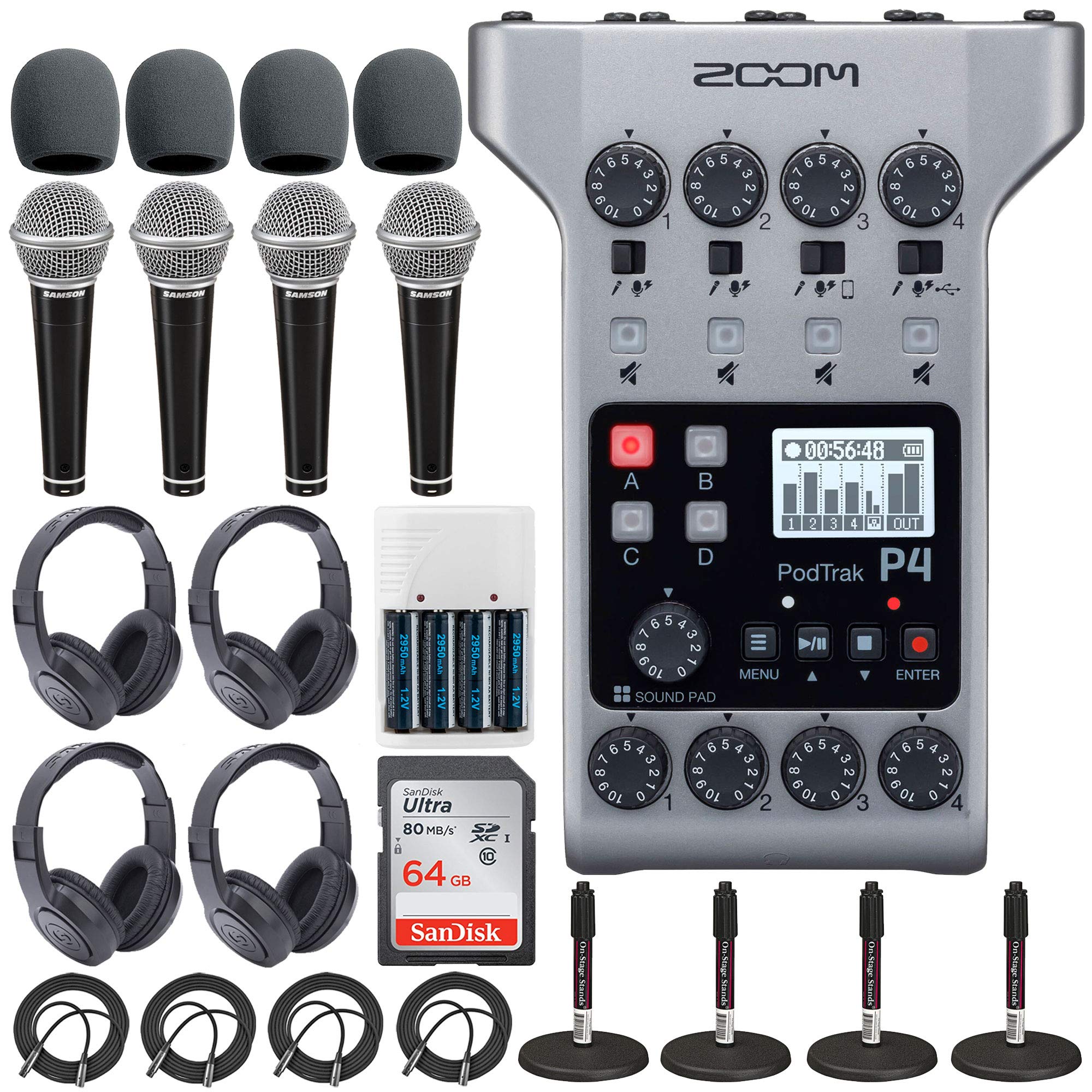 Zoom Podtrak P4 Portable Multitrack Podcast Recorder + 64Gb Sdxc Memory Card + 4X Dynamic Cardioid Handheld Mic + 4X Stereo Head