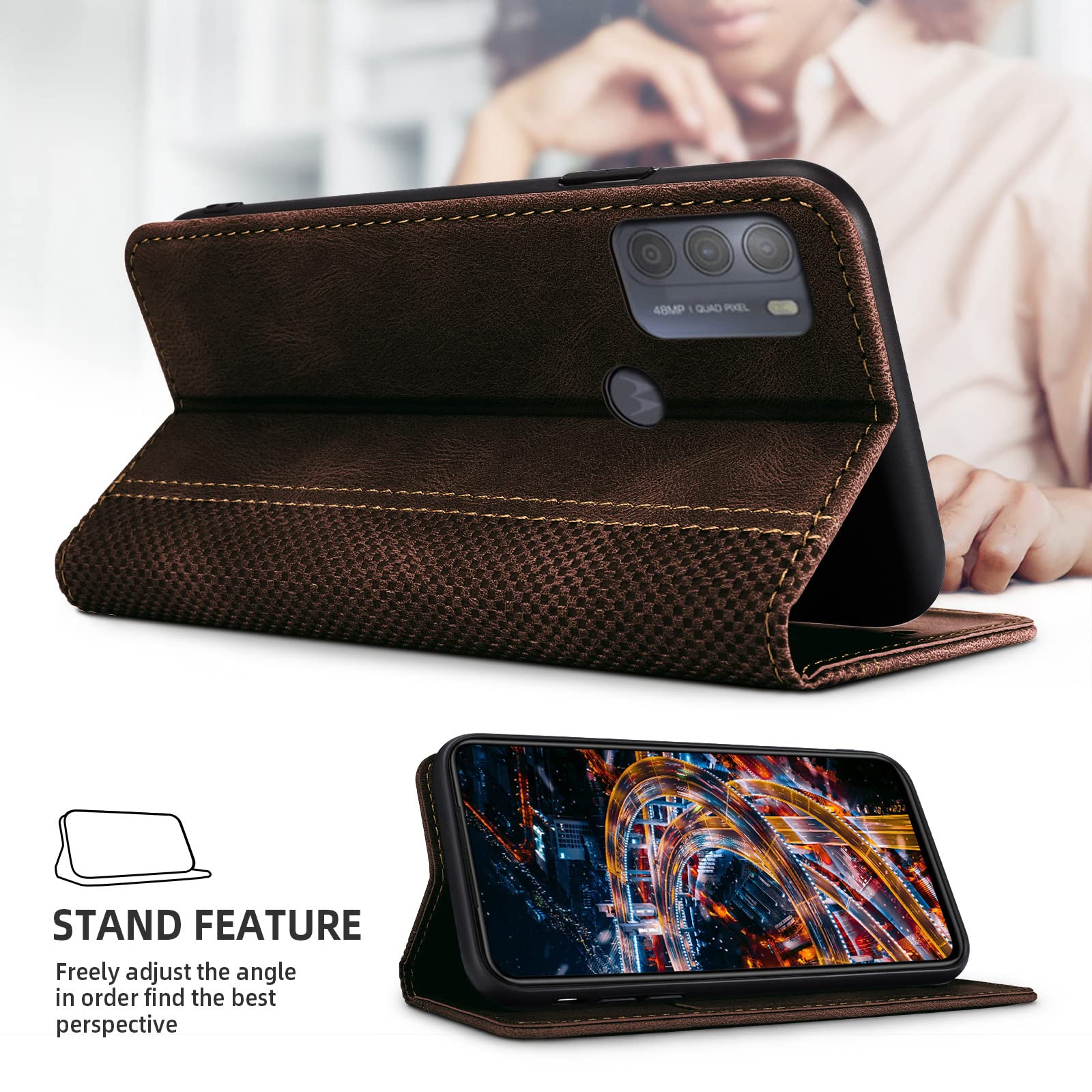 Akabeila For Motorola Moto E20 Case Luxury Pu Leather Flip Wallet Shell Card Holder Magnetic Closure Kickstand Shockproof Bumper