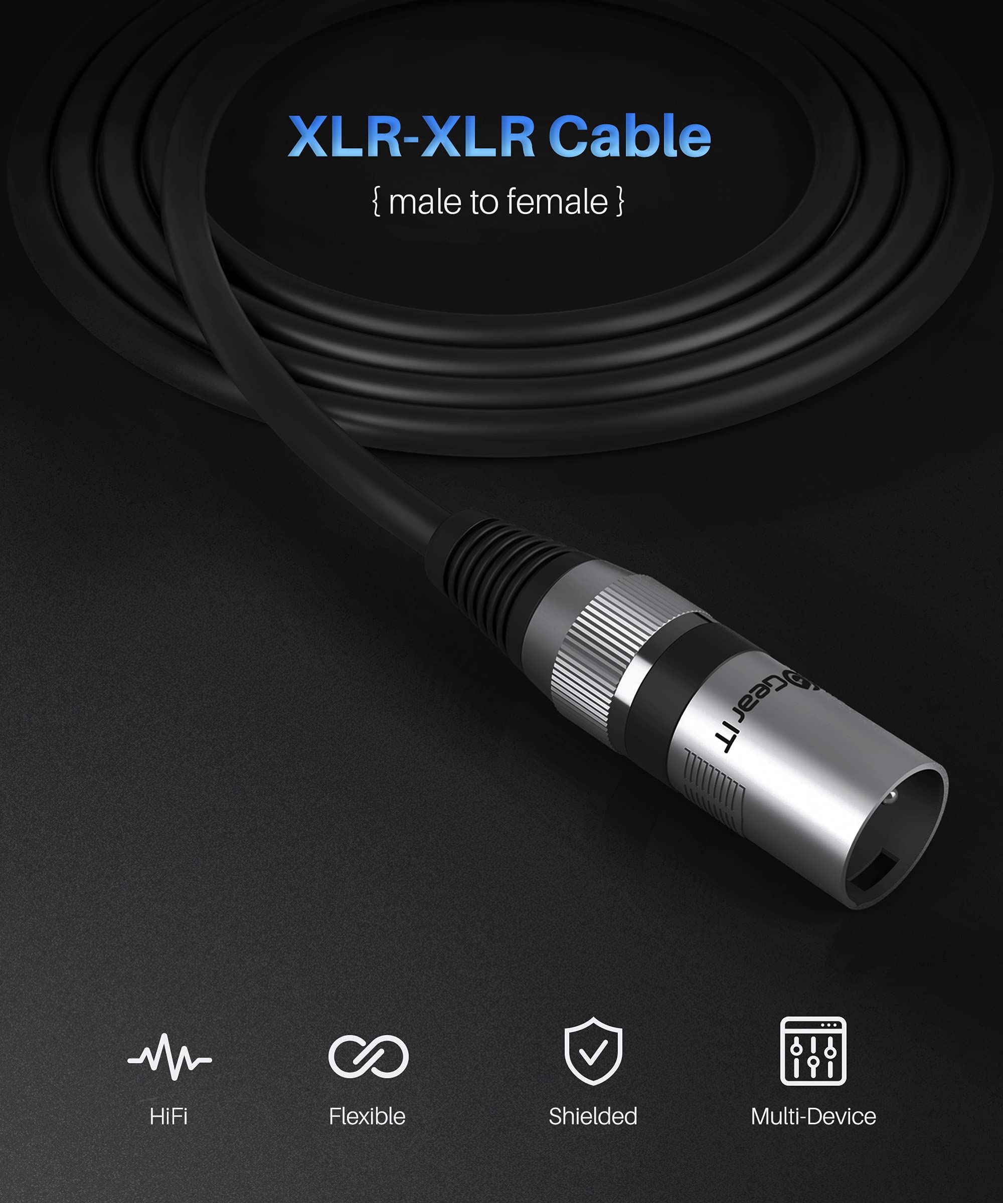 Gearit Xlr Male To Female Microphone Cable (50 Feet) 3-Pin Balanced Shielded Mixer, Recording Studio, Podcast - Black, 50Ft