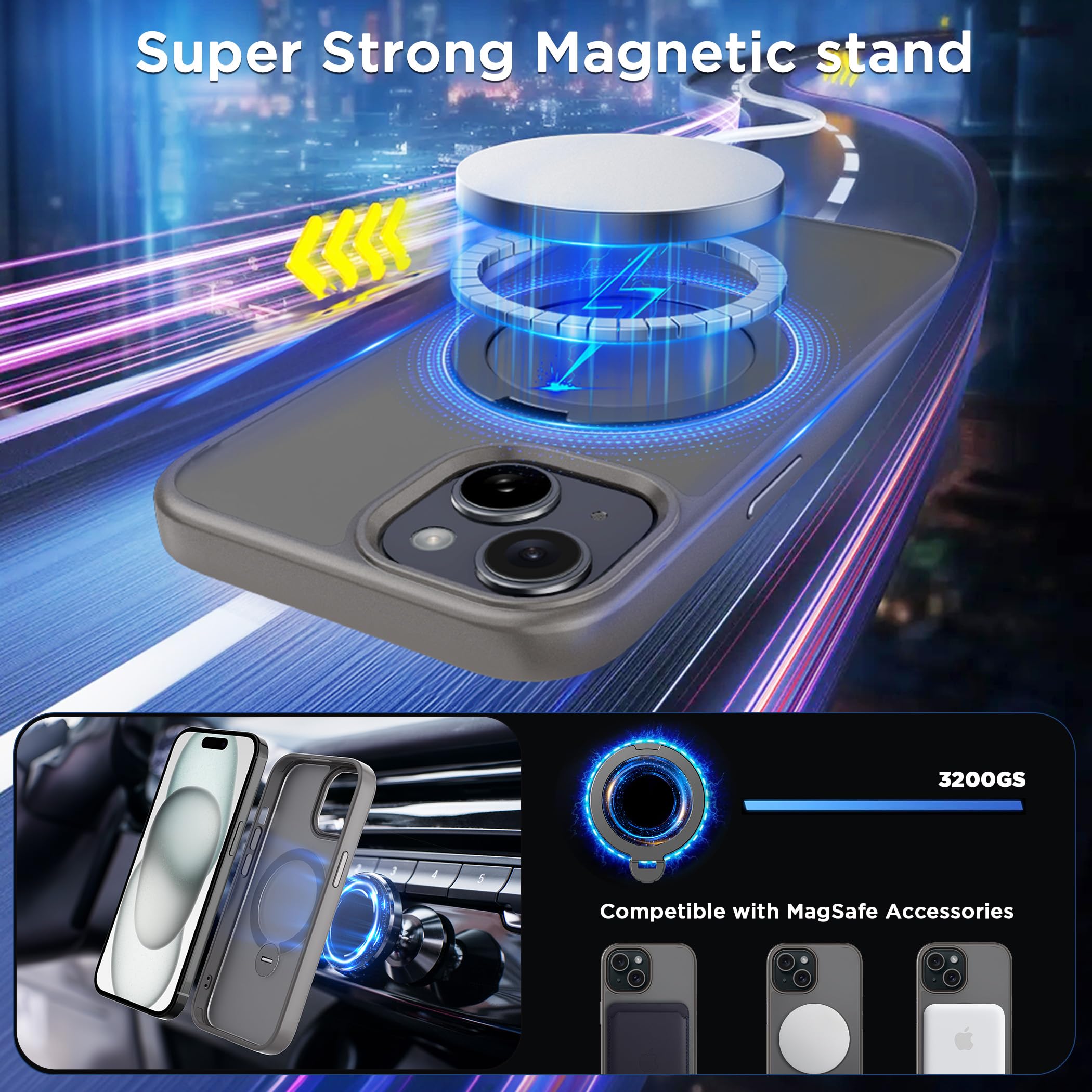 Cacoe Magnetic Case For Iphone 15 6.1 Inch With 360 Rotatable Ring Stand, Compatible With Magsafe Car Phone Mount, Iphone 15 Cas