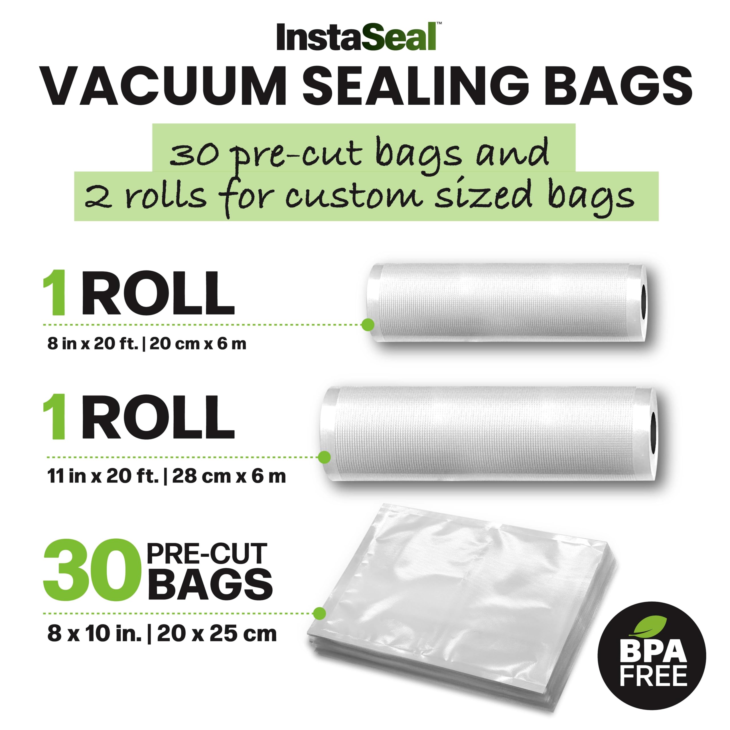 Instaseal Vacuum Sealer Bags For Food, 1 Roll 8'' X 20 Ft + 1 Roll 11'' X 20 Ft + 30 Pre Cut Vacuum Seal Bags For Food, Works Wi