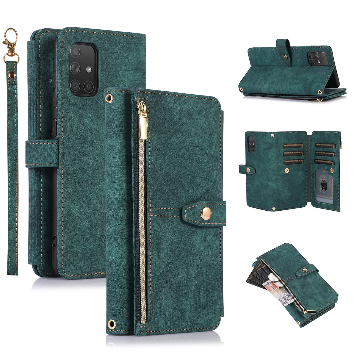 Ueebai Case For Samsung Galaxy A71, 9 Card Slots Retro Leather Wallet Shockproof Flip Cover With Hand Strap Card Slots Zipper Po