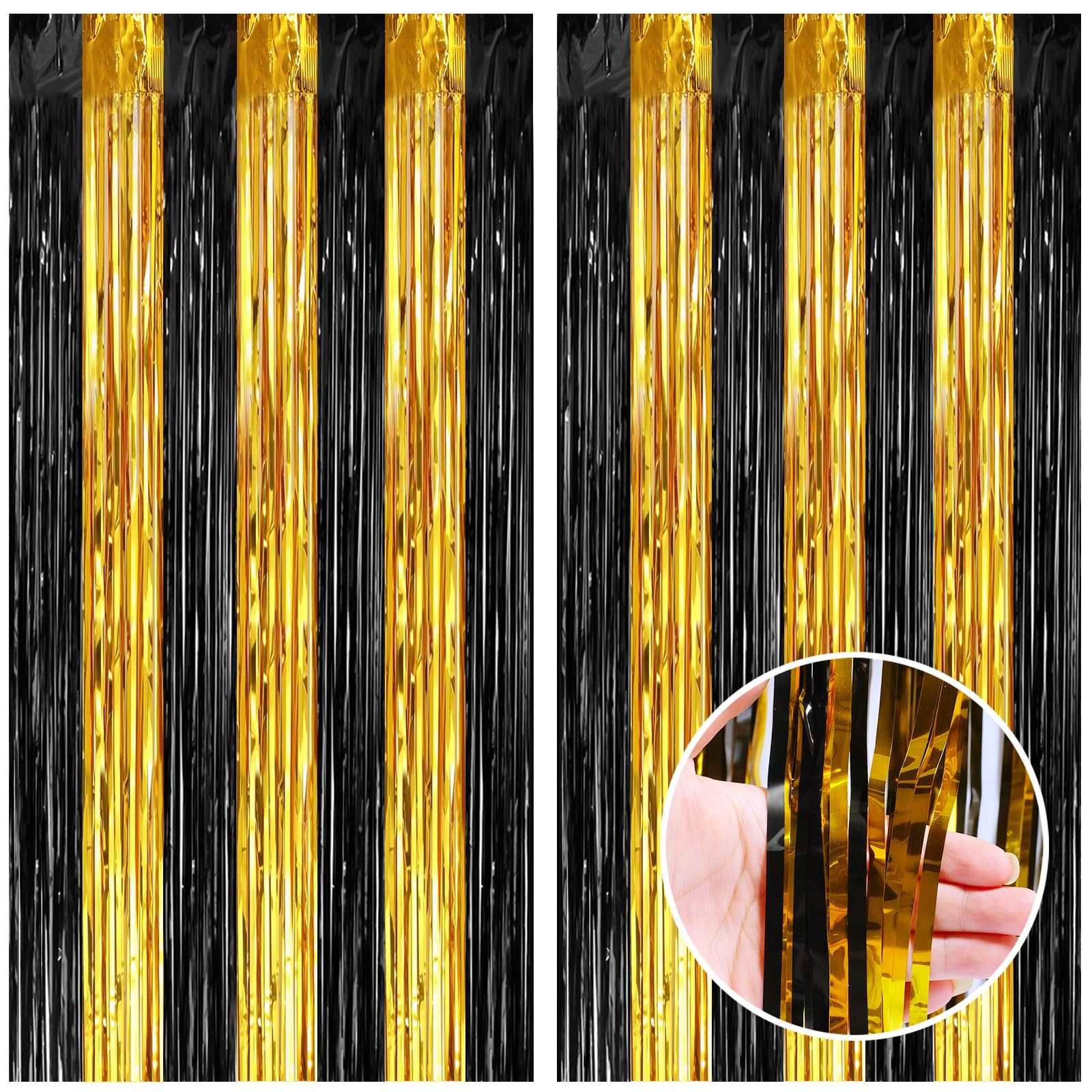Canrevel 2 Pack 3.3X8.2 Feet Black And Gold Foil Fringe Backdrop Curtains, Tinsel Streamers Birthday Party Decorations, Fringe B