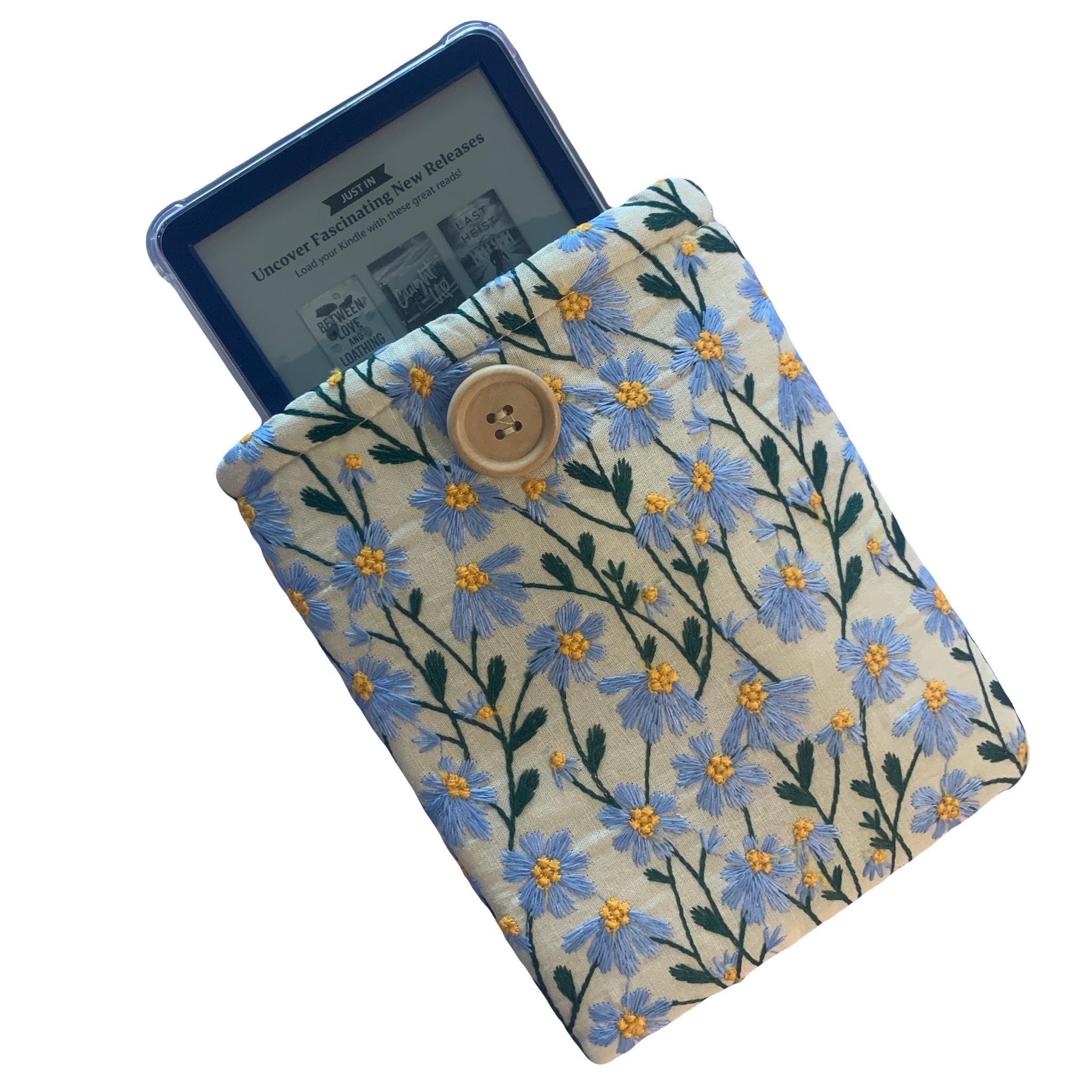 BirdieQPlusTwo Embroidered Daisy Kindle Paperwhite Sleeve 6x8 - Padded E-Reader Pouch for Extra Protection, Blue Beige