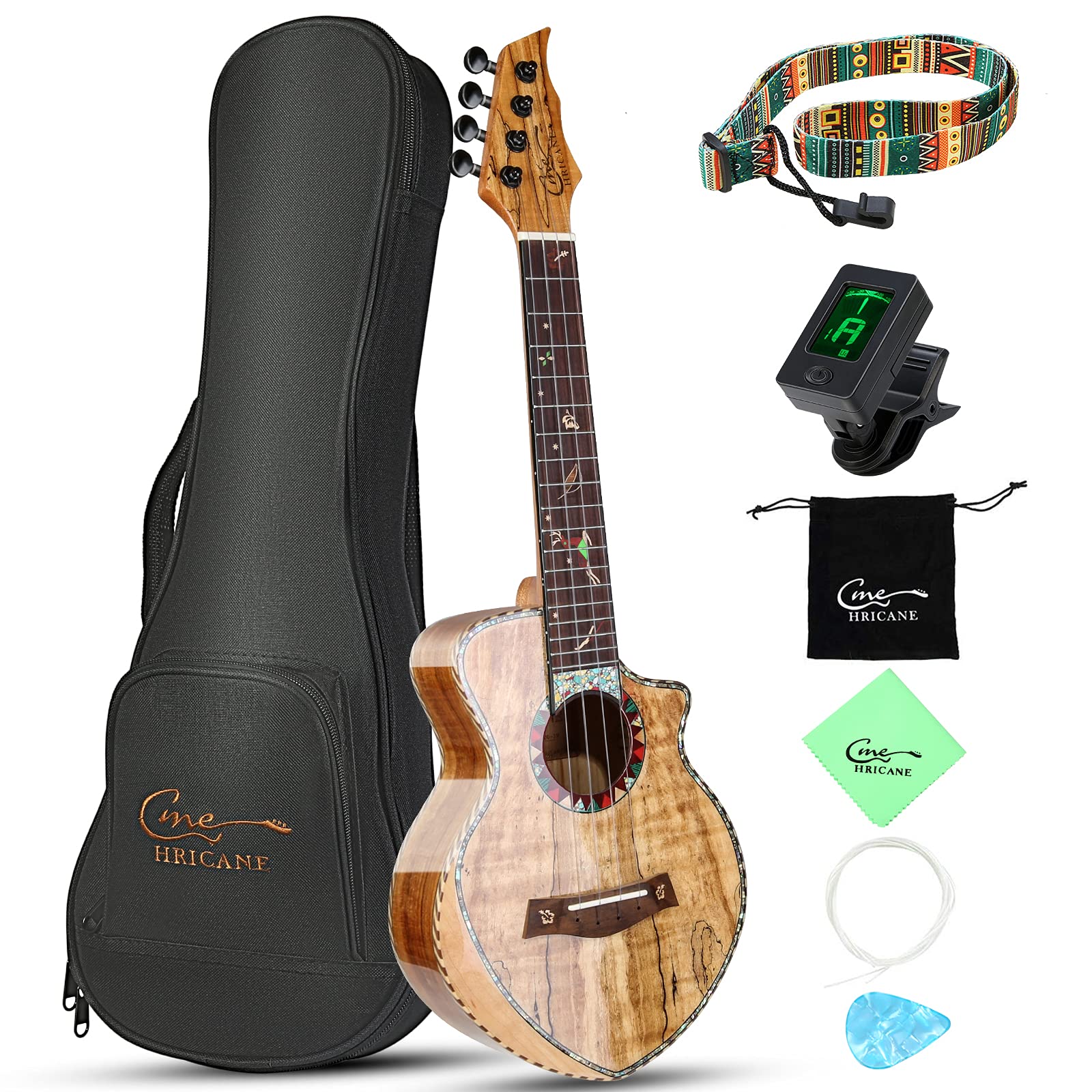 Hricane Concert Ukulele Spalted Maple 23 Inch Ukelele for Beginners, Professional Wood Uke with Glossy Satin Body Ukulele Stater