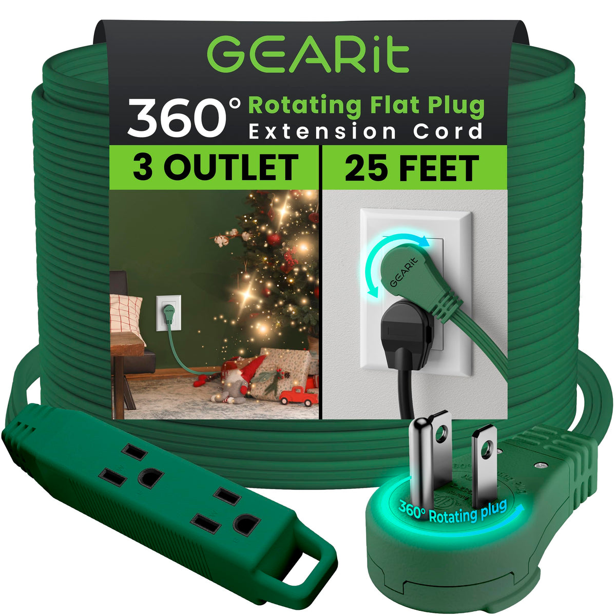 Gearit 360 Rotating Flat Plug Extension Cord With 3 Outlets (25Ft, Green) 16Awg/13A 3 Prong Wire, Outlet Saver For Home Office D