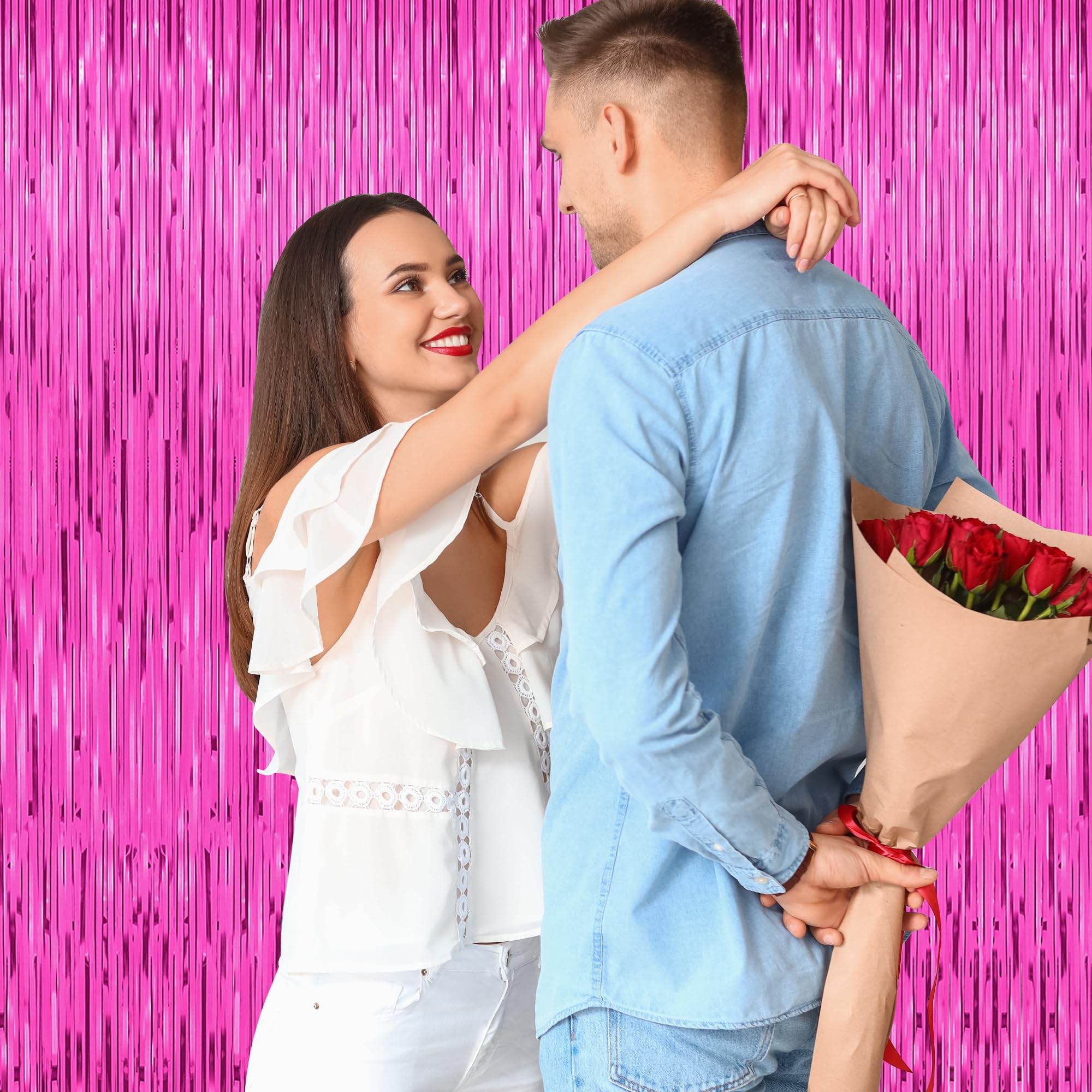 2 Pack Valentines Party Decorations, 3.28 Ft X 7.05 Ft Hot Pink Backdrop, Metallic Valentines Photo Backdrop Foil Curtains Tinse