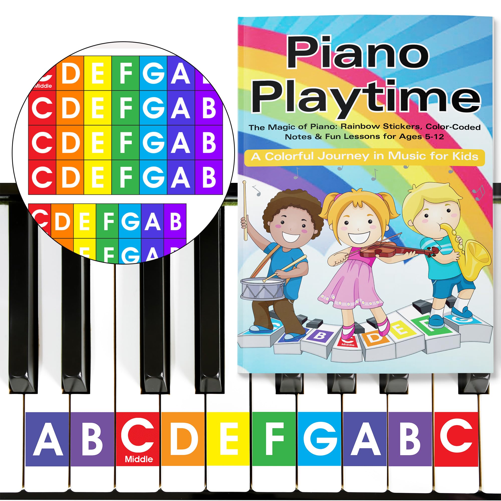 Qmg Rainbow Color Piano And Keyboard Sticker And Kids Piano Learning Book Easy To Follow Instructions For Kids, Beginner Piano B