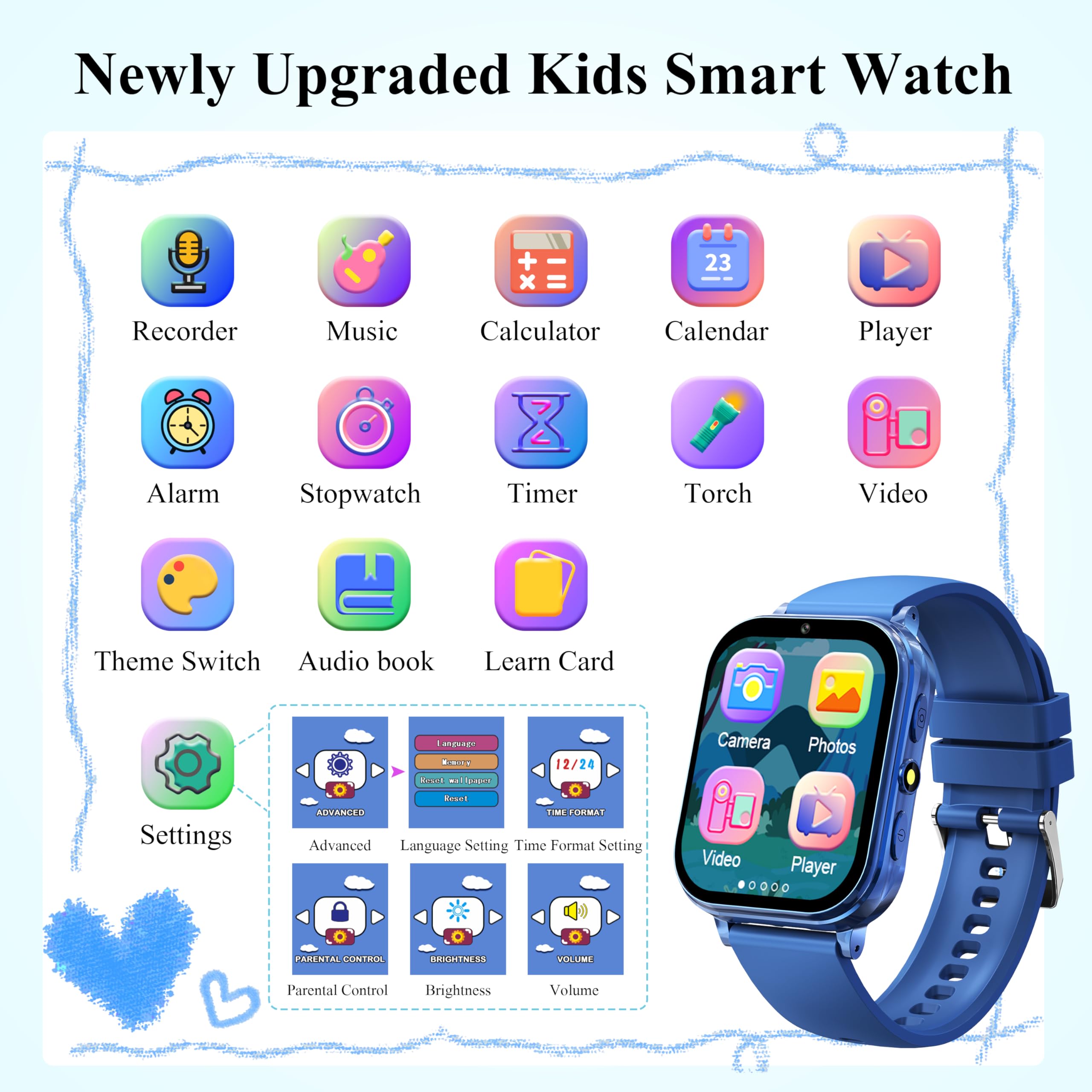 Kalinco Kids Smart Watch, No Phone Needed, Games Camera Video Pedometer Smartwatch, Music Player, Alarm, Audiostory, Torch, Step
