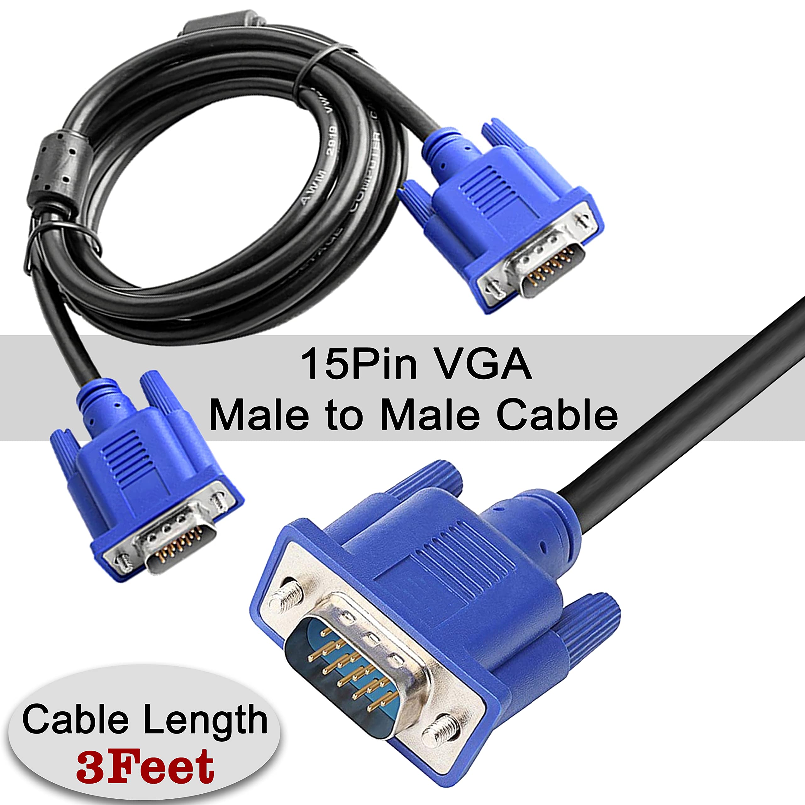 Saitech It 2 Pack 15 Pin Vga To Vga Monitor Cable, Male To Male Vga Cable For Tv Pc Computer Monitor Laptop Projector   3 Feet