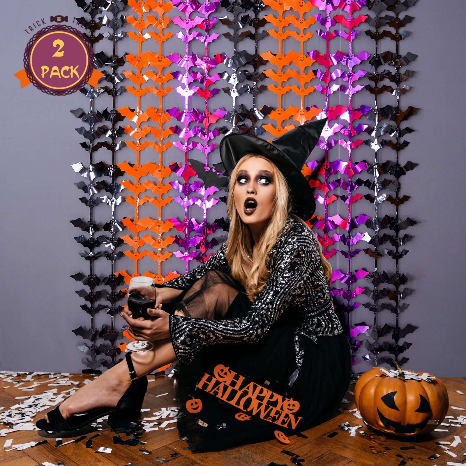 Lolstar Halloween Party Decoration, 2 Pack Black Orange And Purple Bat Photo Booth Props, 3.3 X 6.6 Ft Halloween Foil Fringe Cur