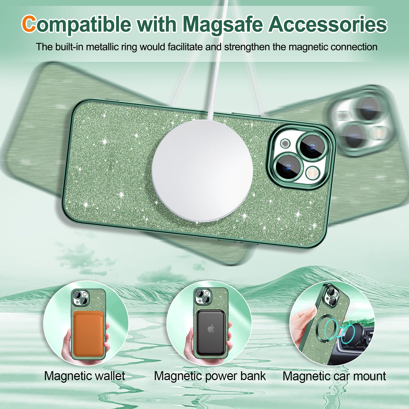 Hython For Iphone 13 Case Glitter, Clear Magnetic Phone Cases With Camera Lens Protector [Compatible With Magsafe] Bling Sparkle