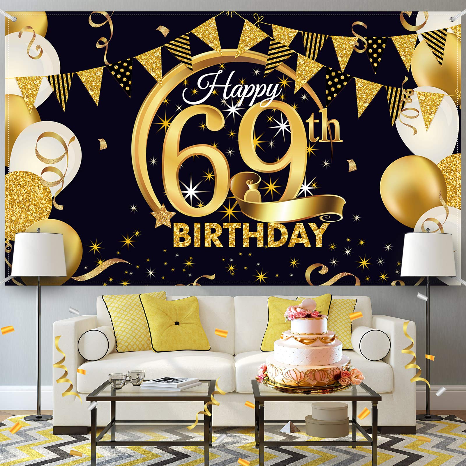 69Th Birthday Party Decoration, Extra Large Fabric Black Gold Sign Poster For 69Th Anniversary Photo Booth Backdrop Background B