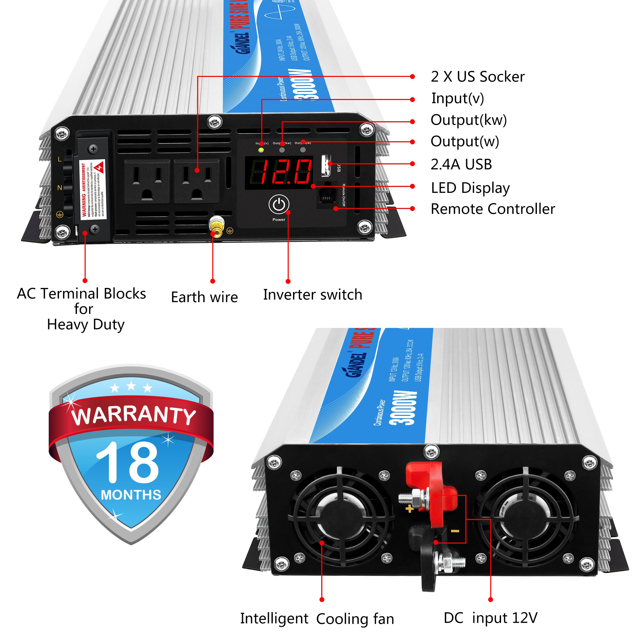 3000Watt Pure Sine Wave Inverter 3000W 12V Dc To 110V 120V Ac Etl Listed Ul458 Std Lithium Battery Compatible With Terminal Bloc