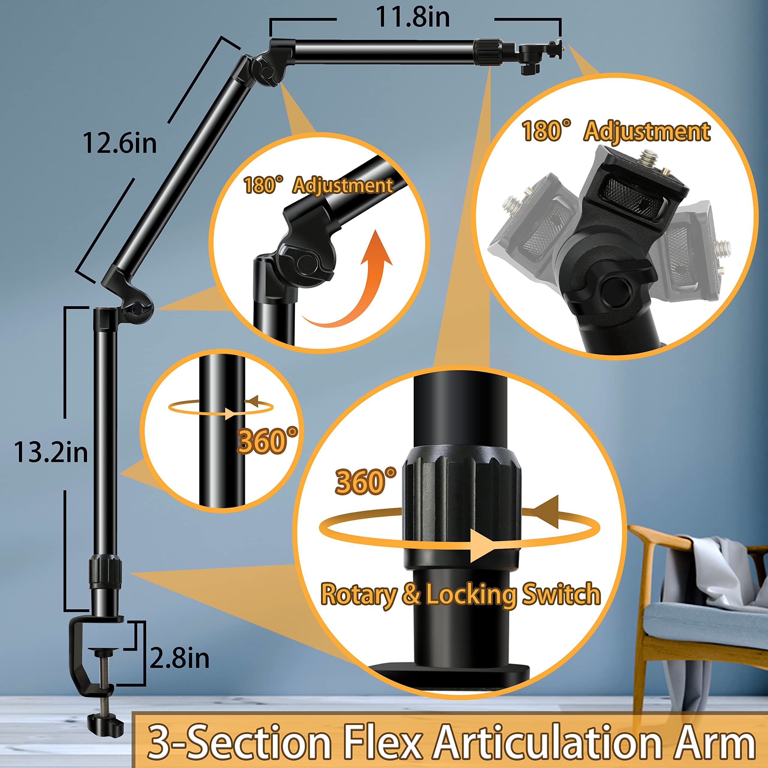 Overhead Camera Mount Desk Stand, Bearing 18Lb, Base& Top 360 Adjustable, With 1/4 3/8'' 5/8'' Screw, 3 Section Flexible Articul