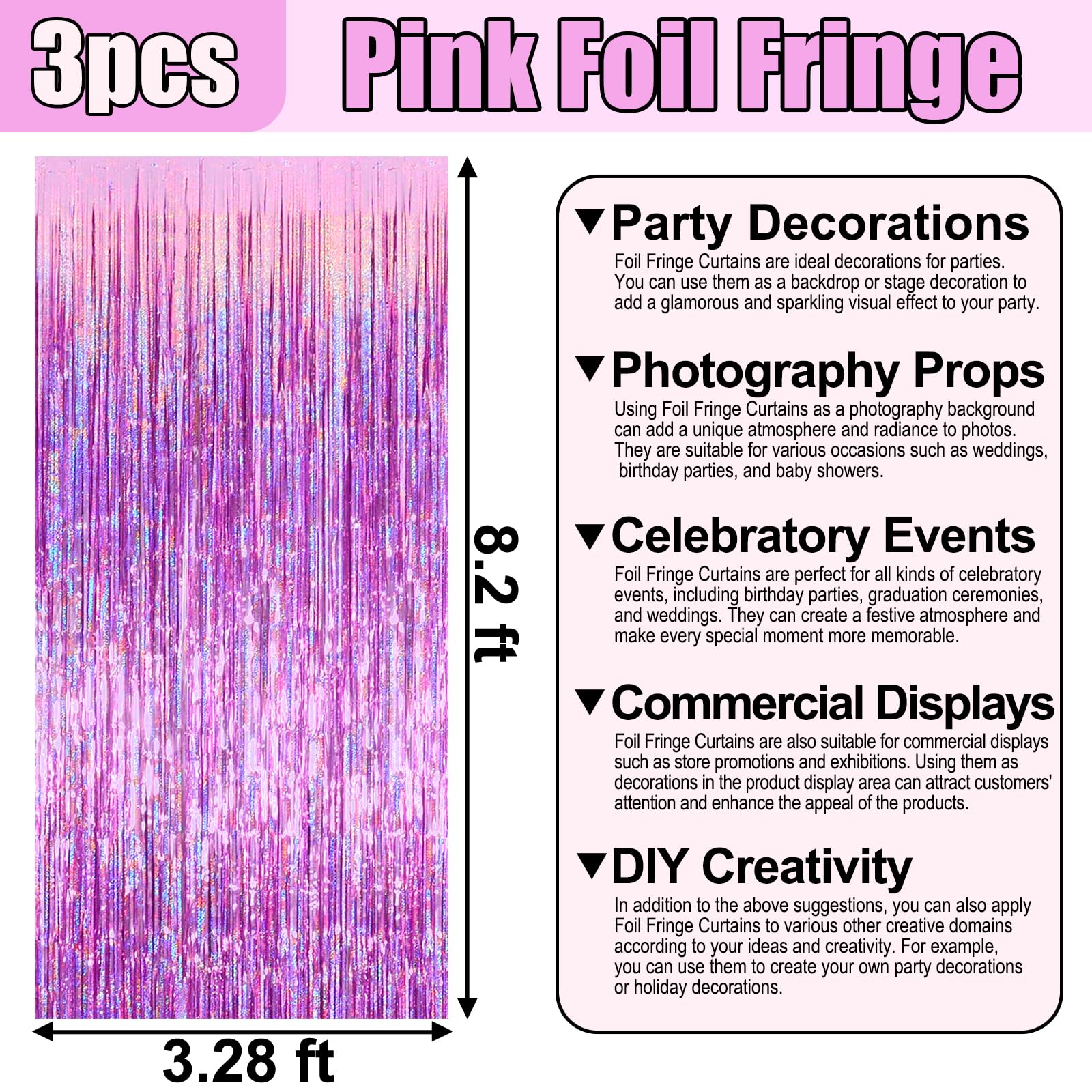 3 Pack Pink Foil Fringe Curtain Backdrop, 3.28Ft X 8.2Ft Metallic Tinsel Foil Fringe Streamer Curtains For Photo Booth, Valentin