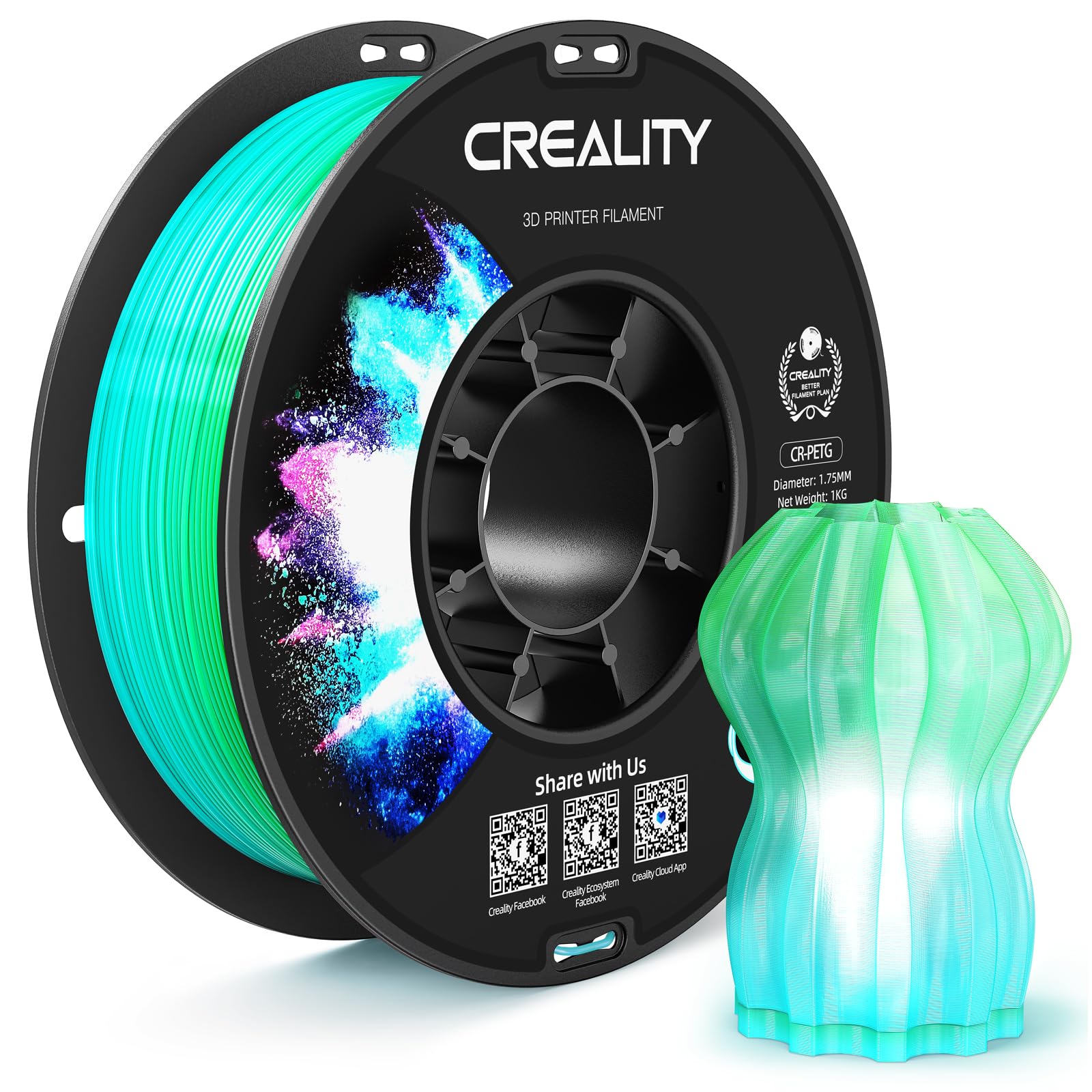 CREALITY PETG Filament 1.75mm 3D Printer Filament, Translucent Dual Color Gradient Blue to Green, 1kg (2.2lb) Neatly Wound Spool