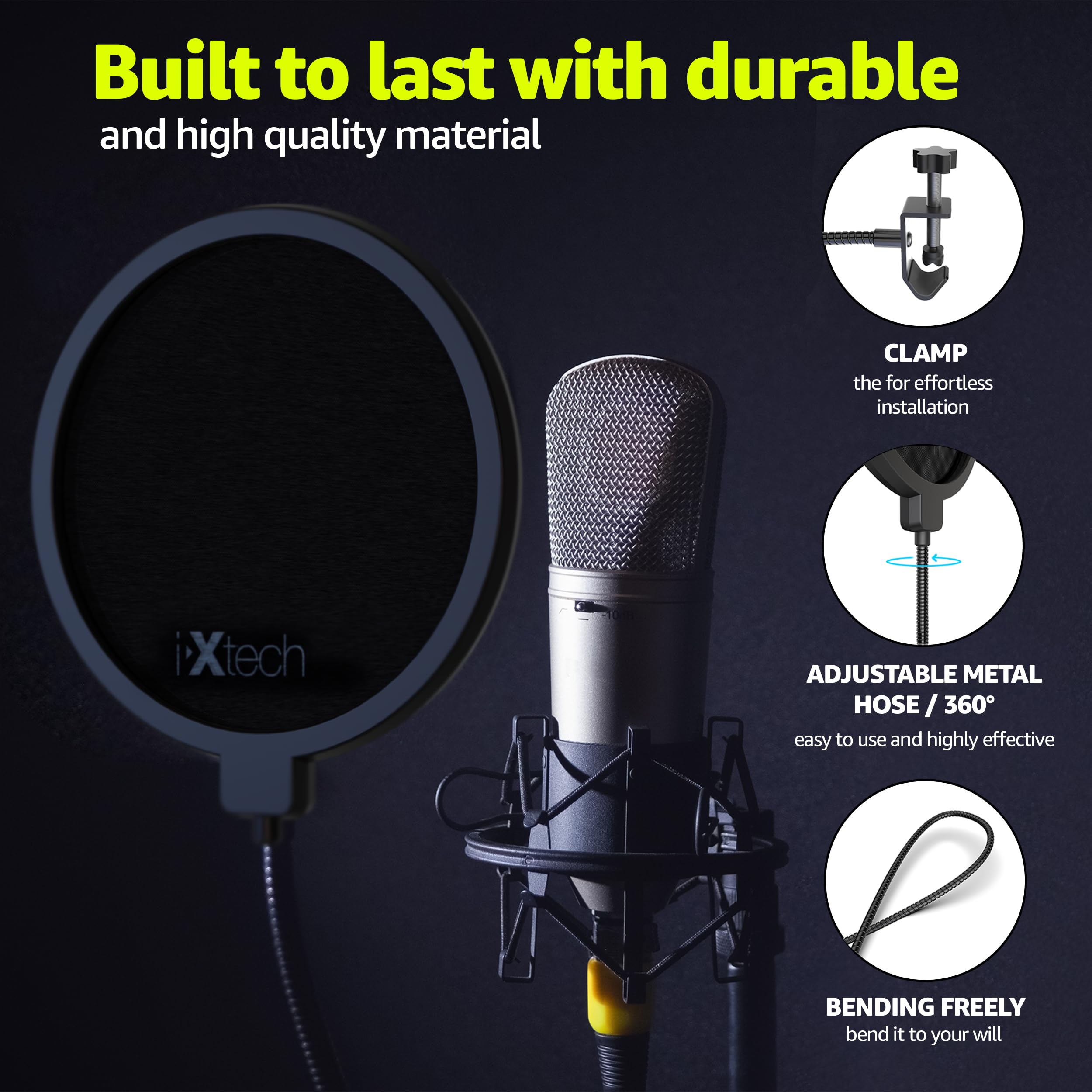 Ixtech Pop Filter For Mic Microphone, Blue Yeti Mic Pop Filter Dual Layered Wind Pop Screen With A Flexible 360 Degree Gooseneck