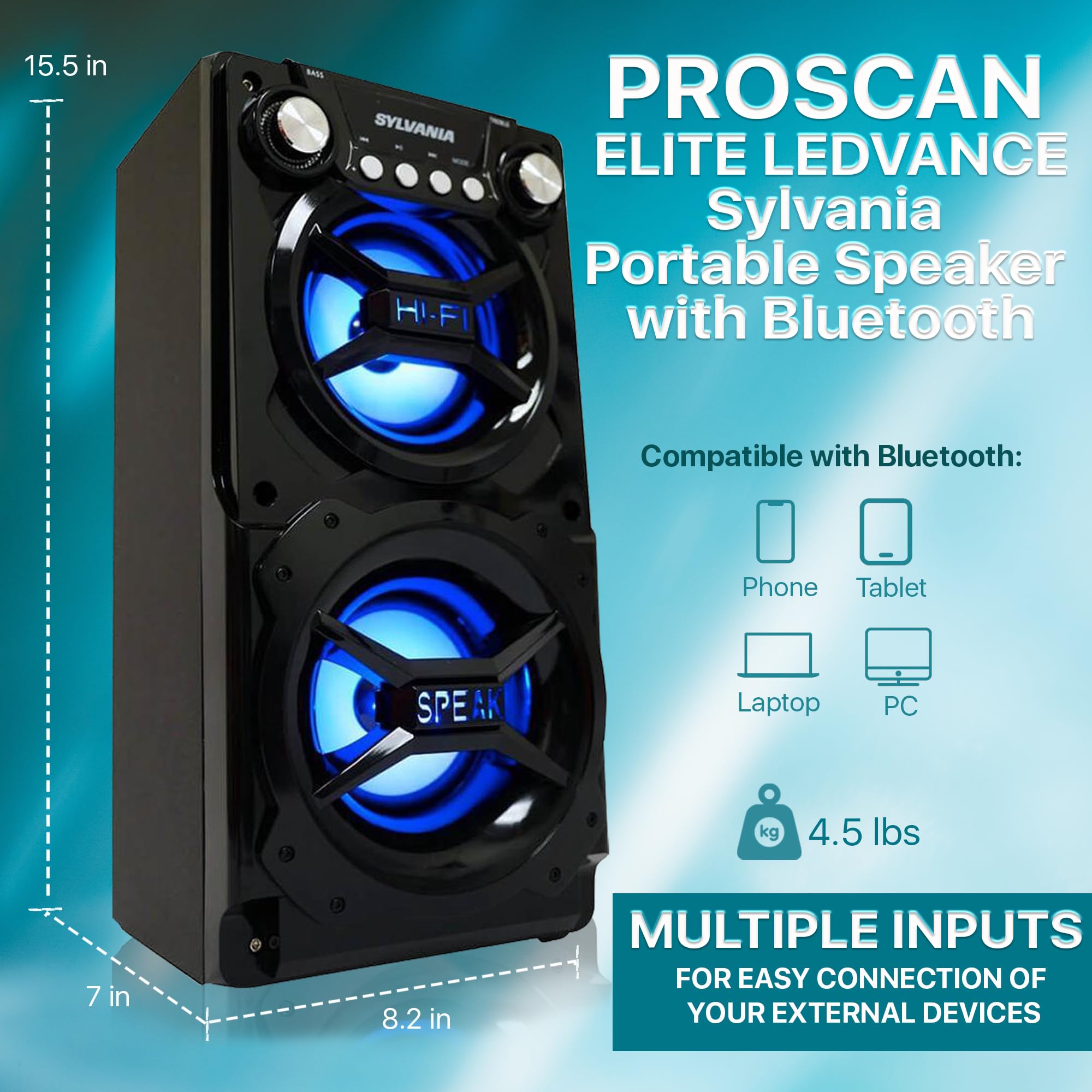 Proscan Elite Ledvance Sylvania, Portable Speaker With Bluetooth, Connect To Iphone, Ipad Or Android, Double Subwoofer Heavy Bas