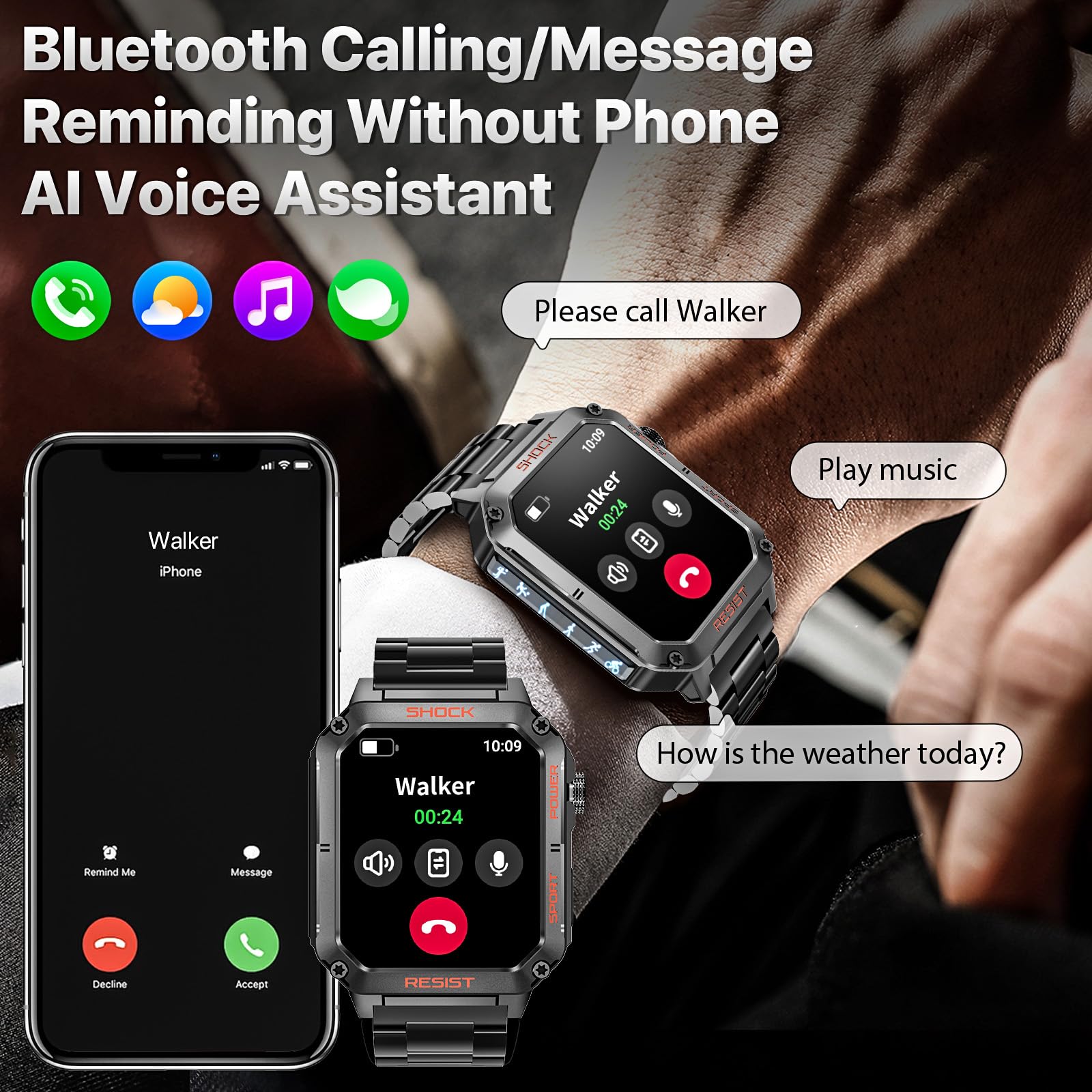 Military-Grade Smartwatch For Men, Fitness Tracker For Android/Iphone, 1.91 Hd Touchscreen, Bluetooth Answer/Make Calls, Ip68 Wa