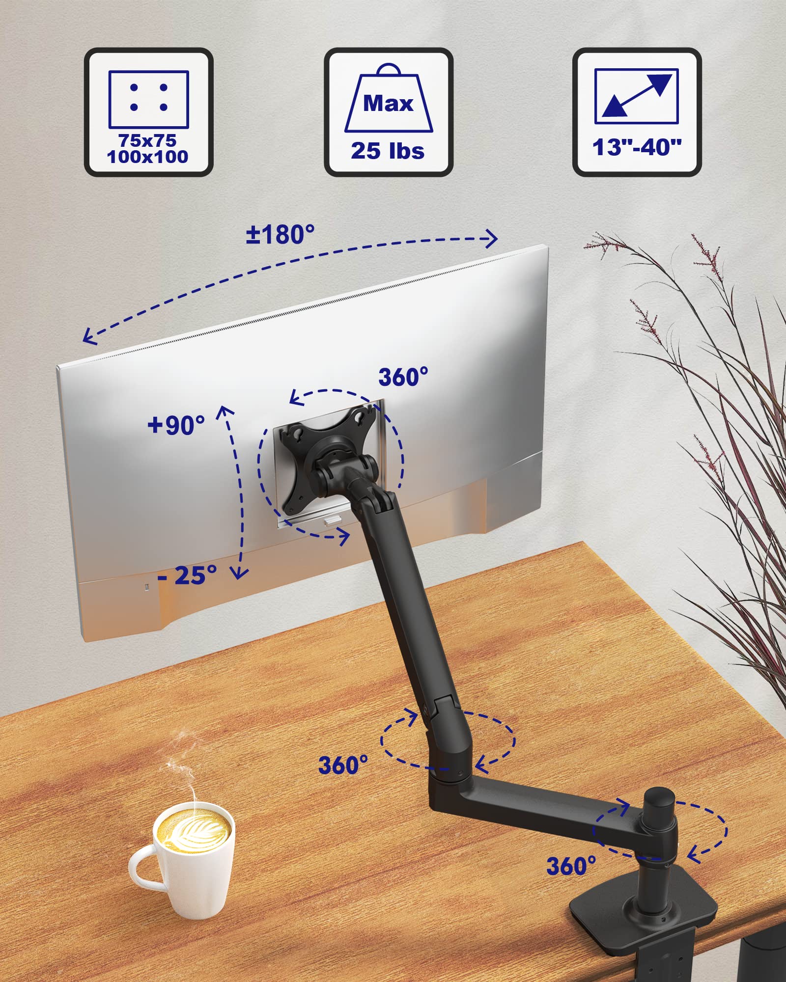Ergounion Single Monitor Mount   Single Monitor Arm Desk Mount, Fully Adjustable Computer Monitor Arm With Vesa Mount | Fits 13
