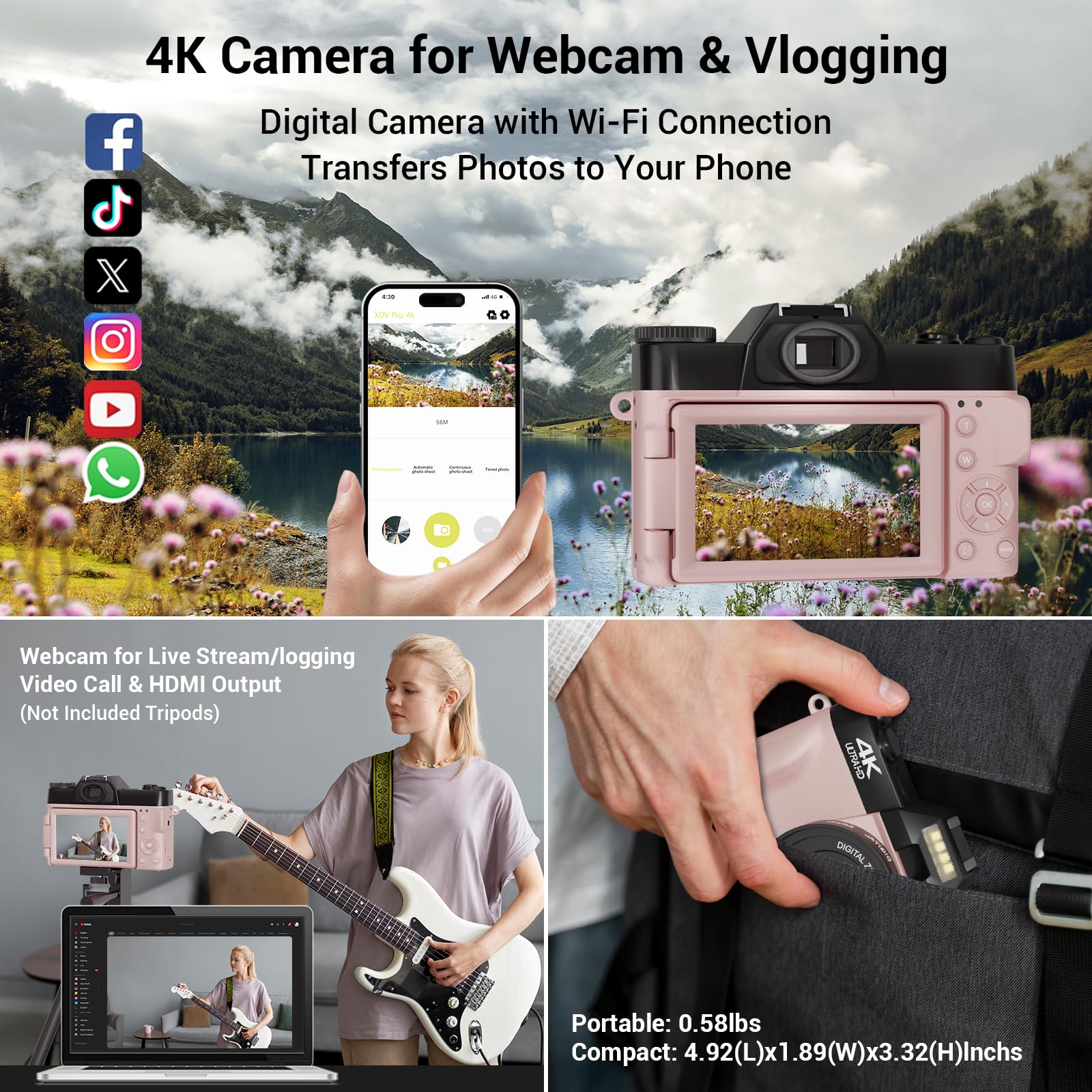 4K Digital Camera For Photography, 48Mp Vlogging Video Wifi Camera For Youtube With 3'' 180Flip Screen, 64Gb Sd Card, 16X Digita