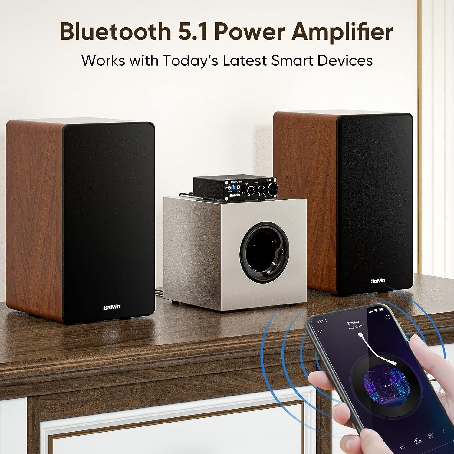 Saiyin Power Amplifier Home Audio, 80W X 2 Stereo Bluetooth Amplifier Receiver 2.0 Channel Mini Hi Fi Class D Integrated Amp Wit