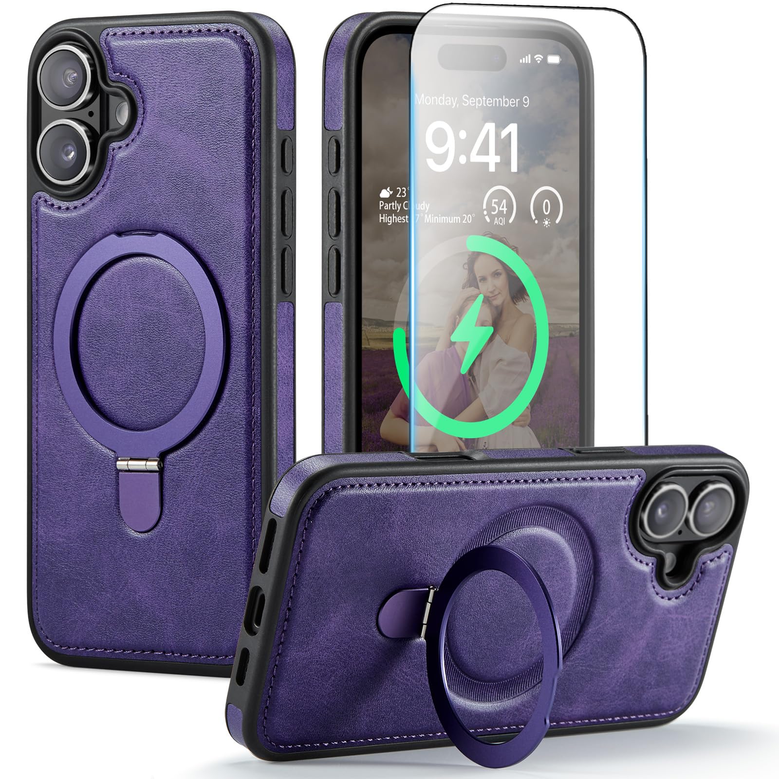 CHEEWADA for iPhone 16 Case with Stand Compatible with Magsafe Thin Slim PU Leather & Durable TPU Drop Proof Magnetic Kickstand 