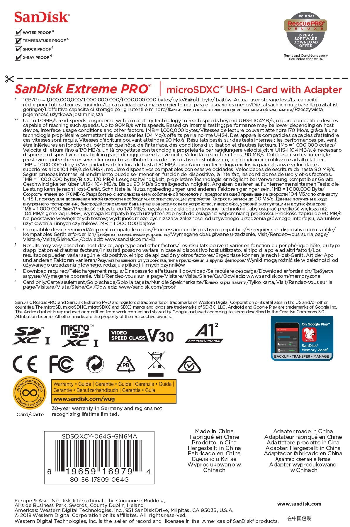 Sandisk Extreme Pro Microsdxc Uhs-I U3 A2 V30 64Gb + Adapter