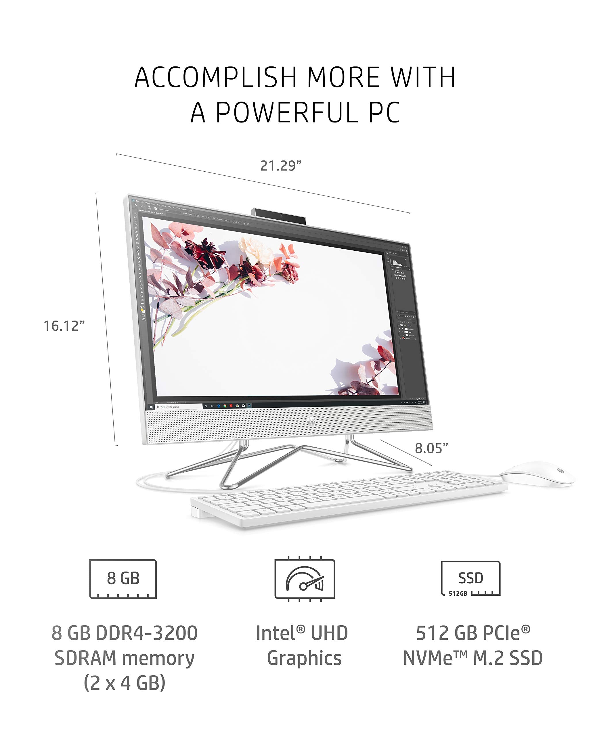 HP All in One Desktop PC, 11th Gen Intel Core i3 1115G4 Processor, 8 GB RAM, 512 GB SSD Storage, Full HD 23.8� Display, Windows 10 Home, Remote Work Ready, Mouse and Keyboard (24 dp1250, 2021)