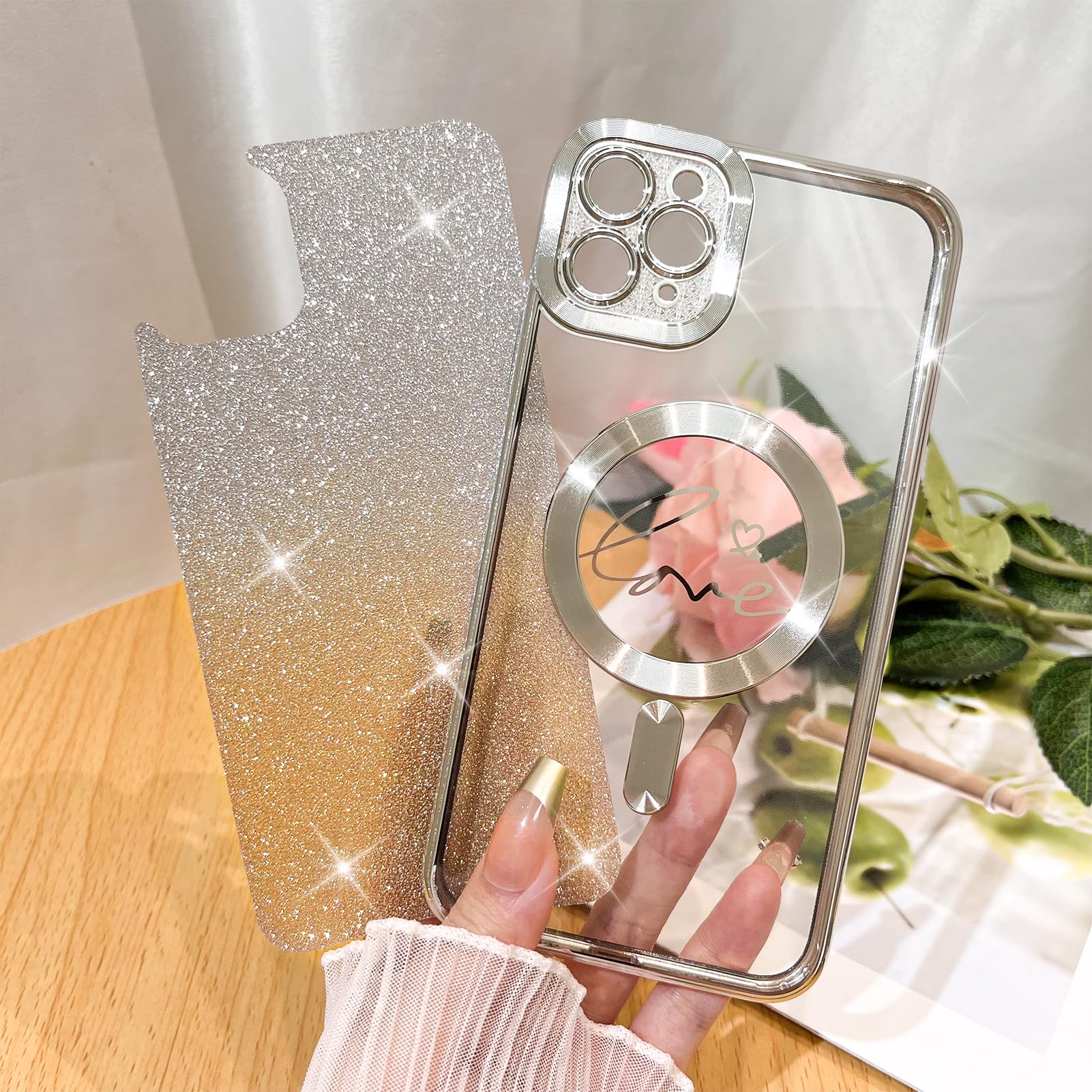 Fiyart Compatible With Iphone 11 Pro Max Case,Compatible With Magsafe Love Heart Plating Camera Protection Clear Phone Case, Mag