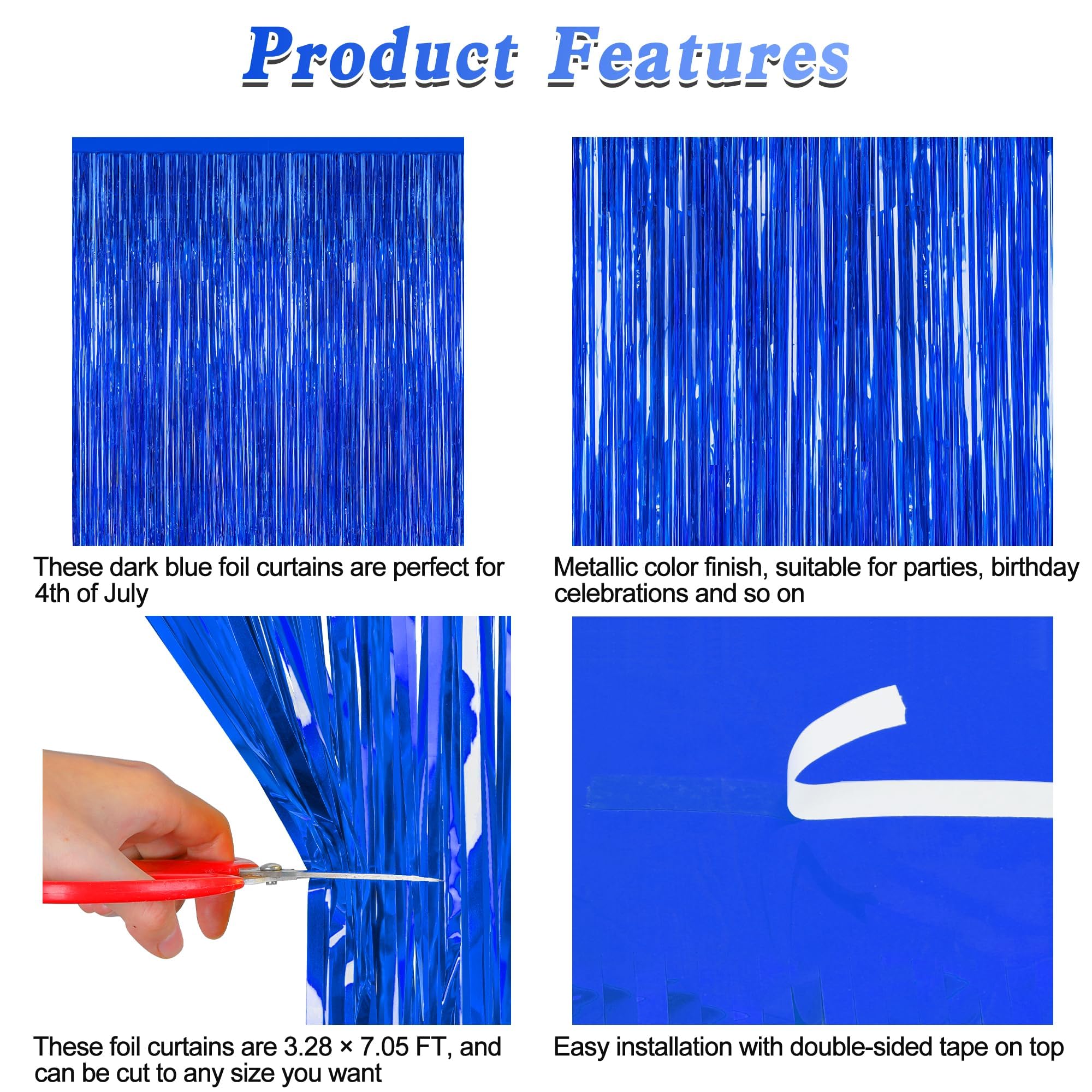 2 Pcs Tinsel Backdrop, 3.28 Ft X 7.05 Ft Dark Blue Backdrop Curtains, Metallic Passover Fringe Curtains Party Streamer, Navy Blu