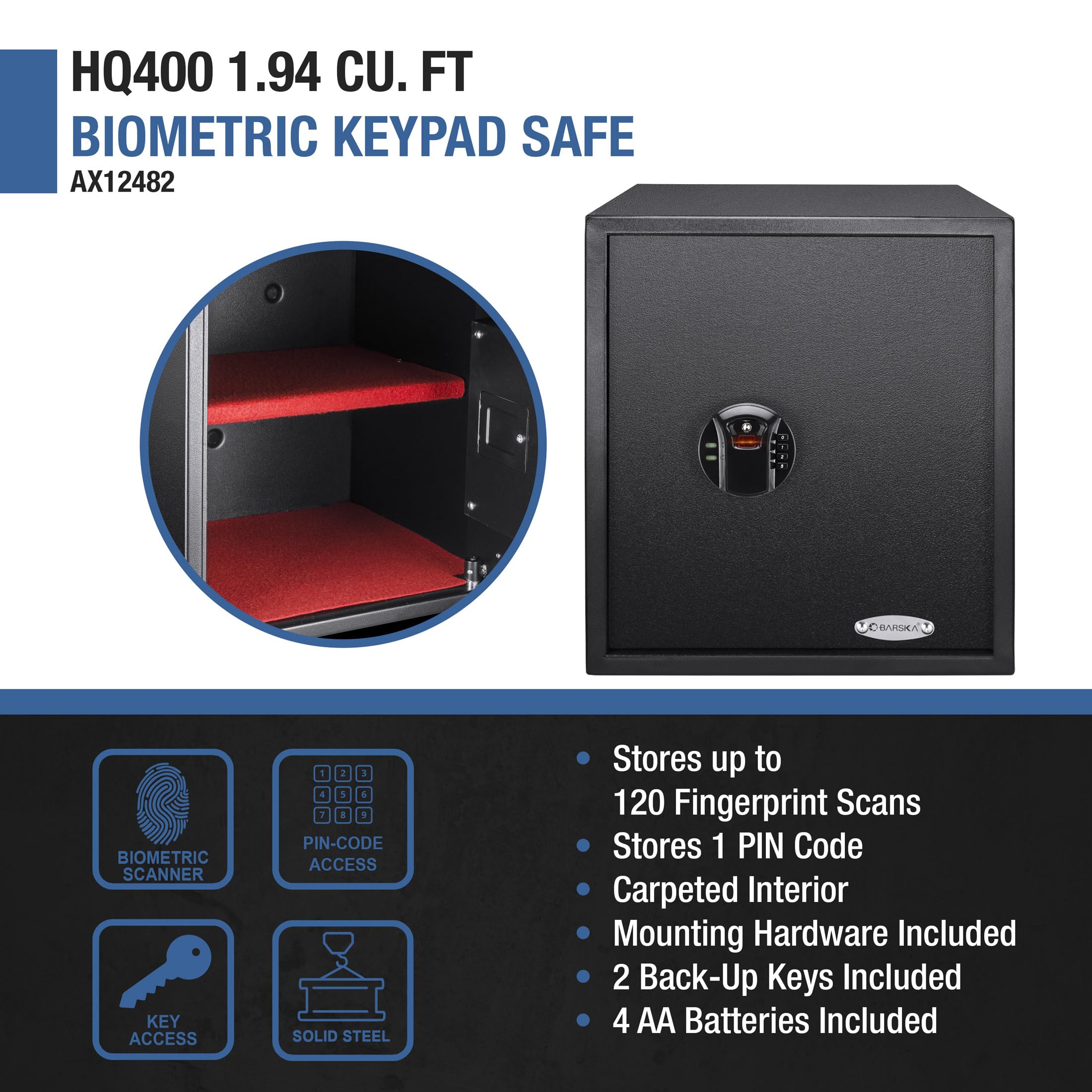 Barska Ax12842 Large Biometric Fingerprint Keypad Security Home Safe 1.94 Cubic Ft , Black