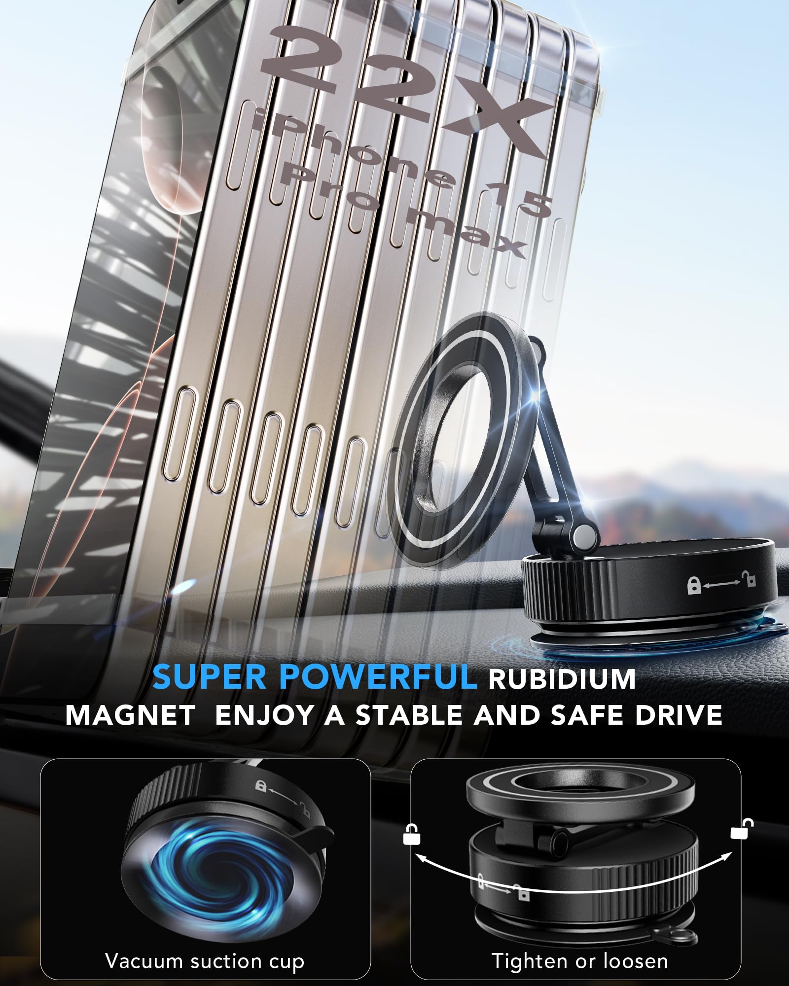 Uoboder 360 Foldable Vacuum Magnetic Phone Holder, Magnetic Car Phone Mount, Hands-Free Suction Cup Phone Holder For Smooth Surf