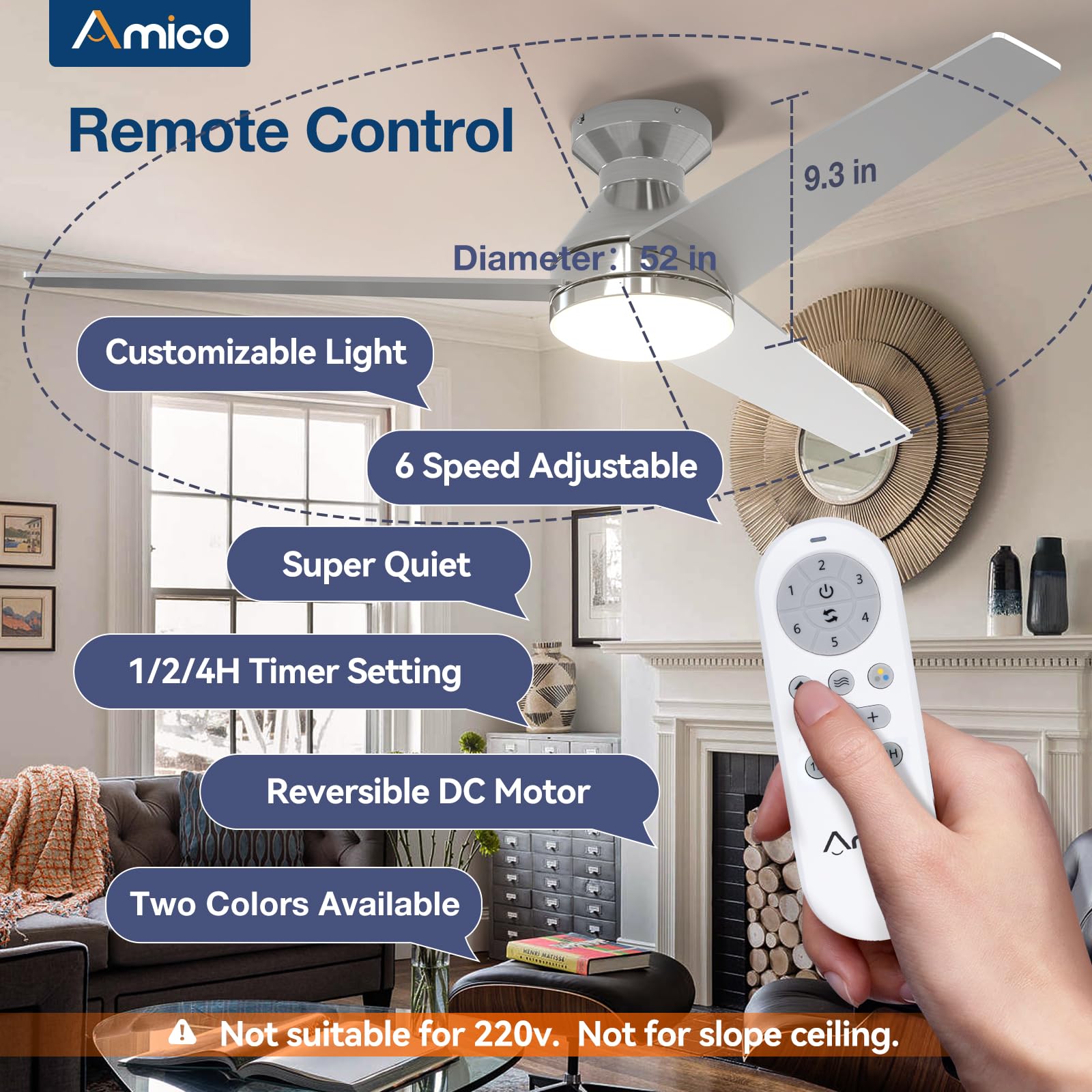Amico Ceiling Fans With Lights, 52 Inch Low Profile Ceiling Fan With Light And Remote Control, Flush Mount, Reversible, 3Cct, Di