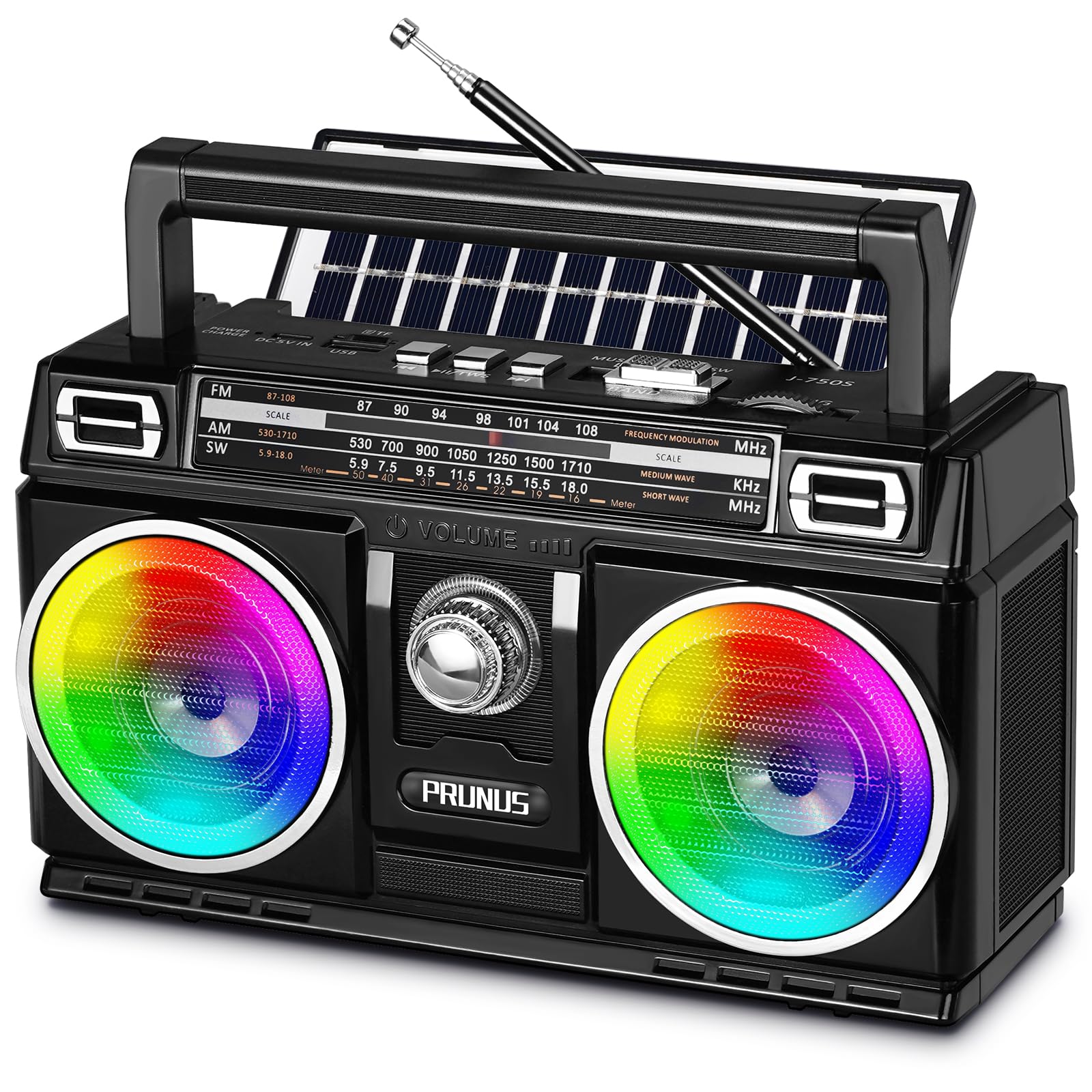 PRUNUS 750 AM FM Radio Portable with Bluetooth Dual Speakers, USB/TF Card Playback, USB-C/Solar Rechargeable Radios, Bluetooth R