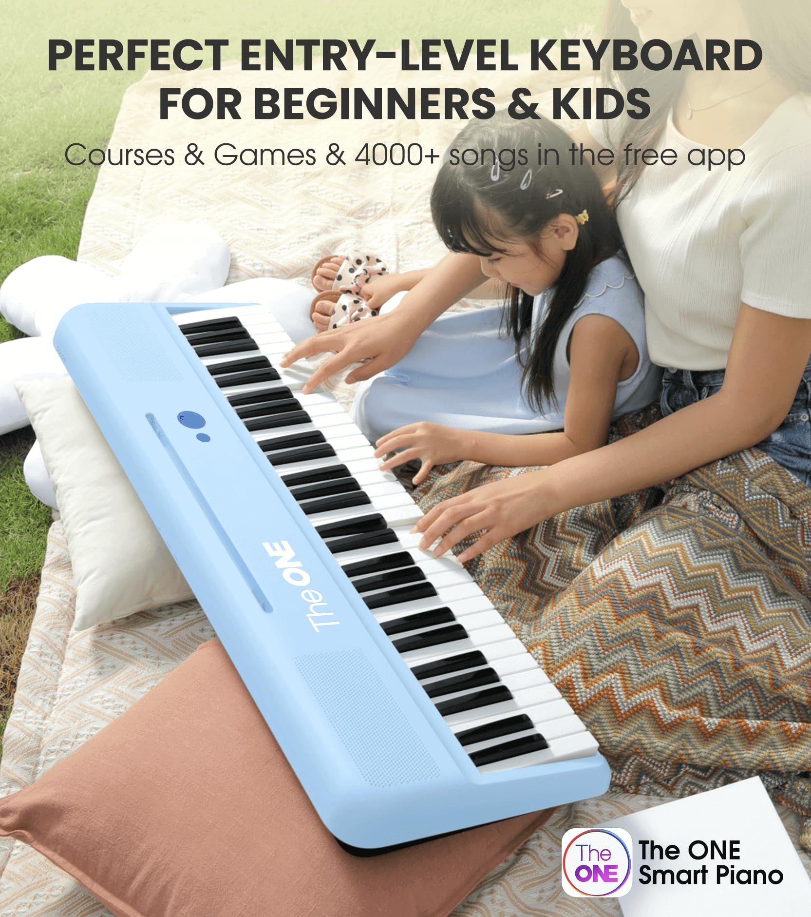 The One Smart Keyboard SK-COLOR - 61 Keys Piano with 256 Timbres, 64 Polyphony, Blue, Built-in LED Lights