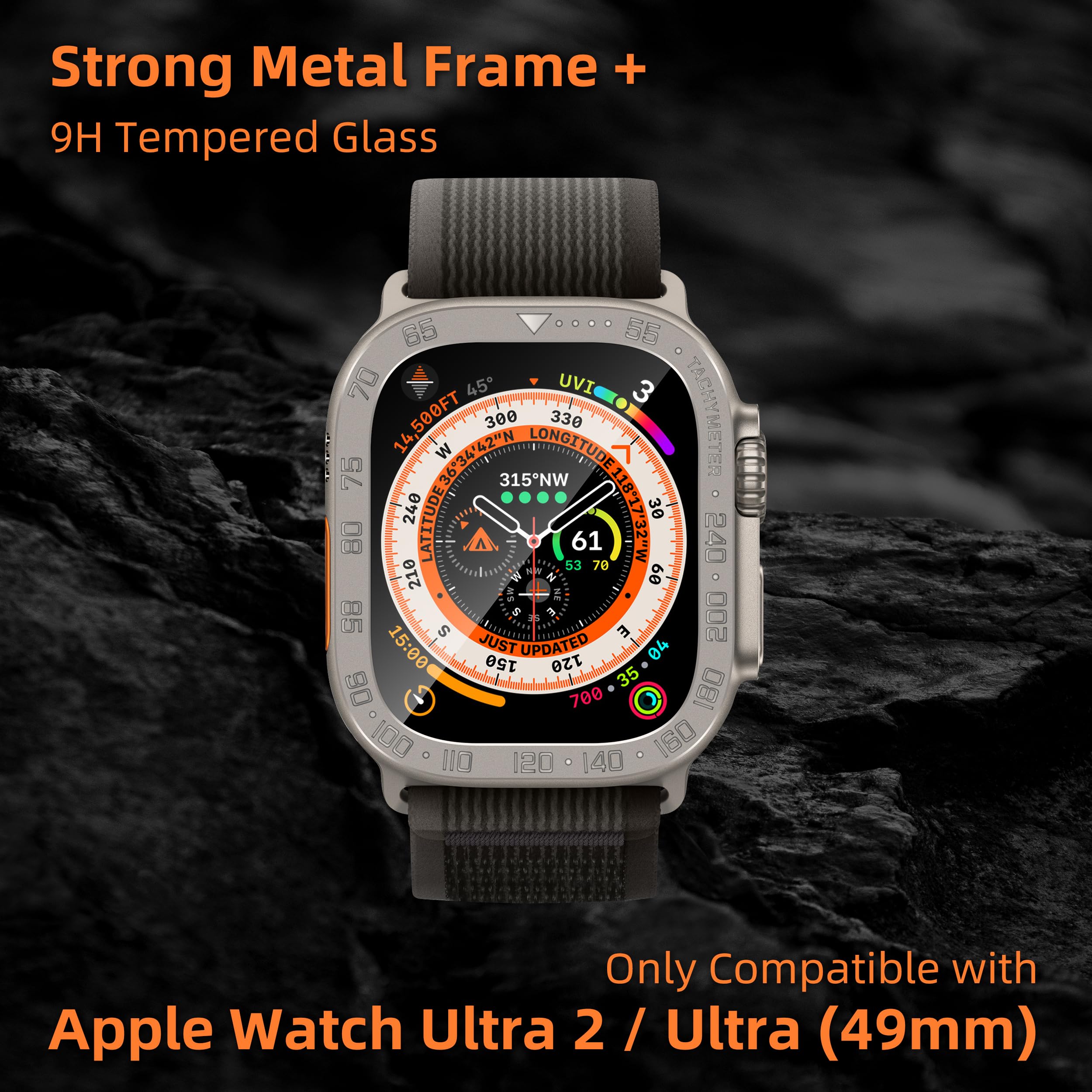 Swuu 2 Pack Tempered Glass Screen Protector With Titanium Alloy Frame Compatible With Apple Watch Ultra 2 / Ultra Screen Protect