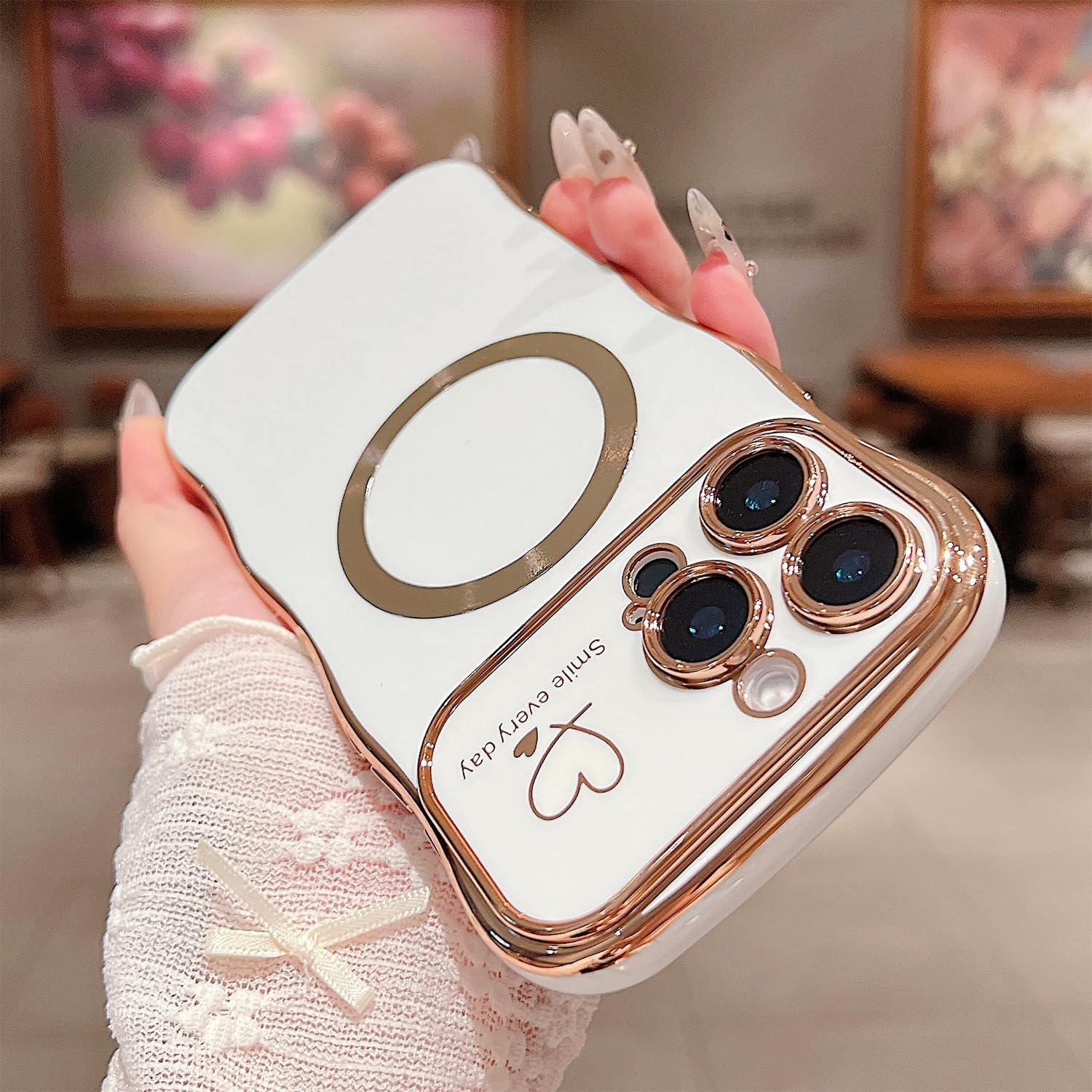 Zonrw For Iphone 16 Pro Case Magnetic,For Women Girls Soft Cute Wave Frame Curly Shape Love Heart Luxury Plating Phone Case Comp