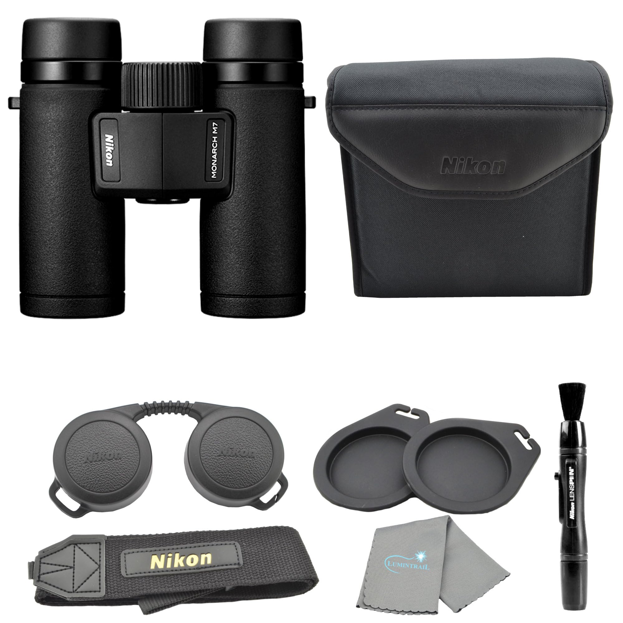 Nikon Monarch M7 8x30 (16763) Black Binoculars Bundle with Lens Pen and Cleaning Cloth, Compact Binoculars for Adults for Huntin