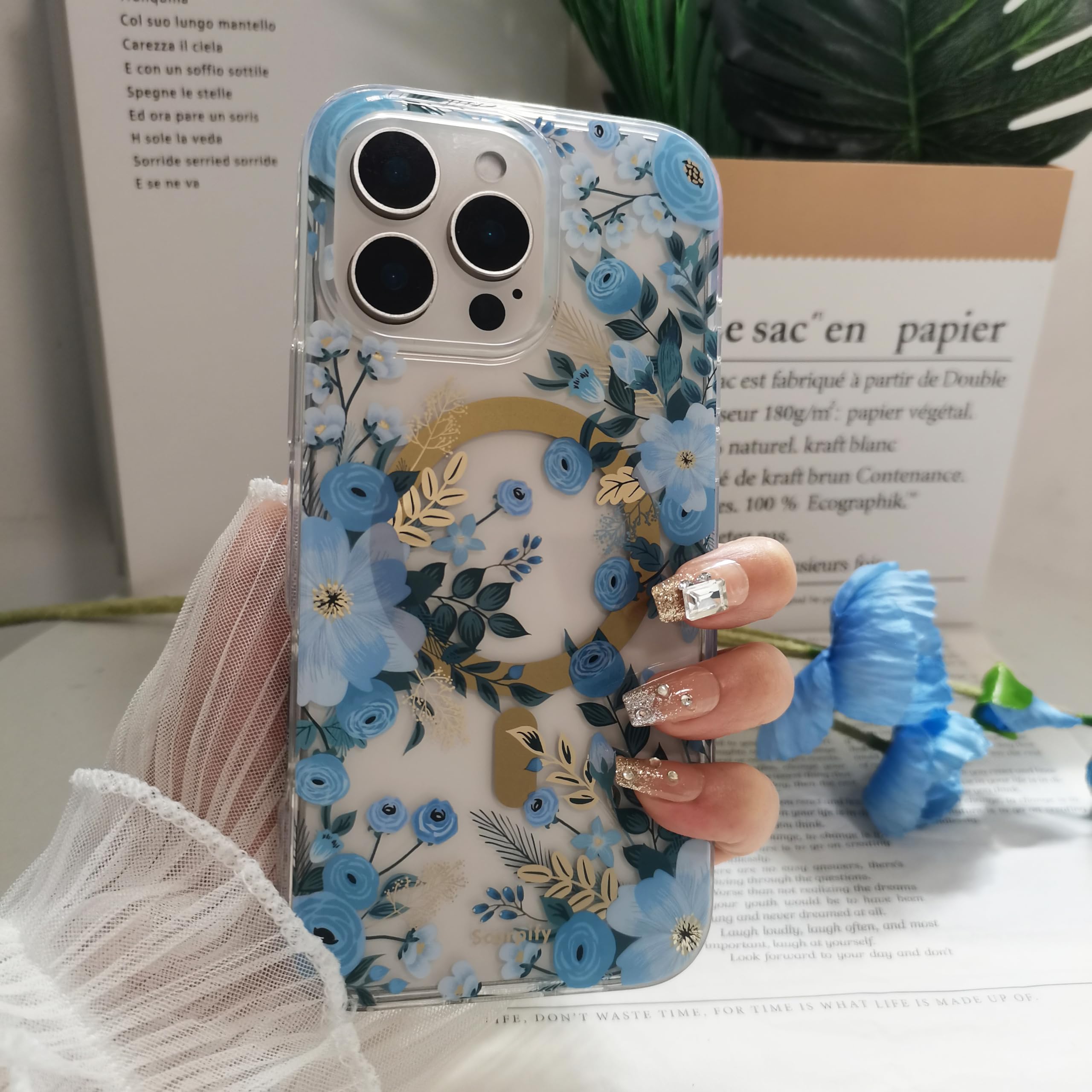 Scorpify For Iphone 16 Pro Case [Compatible With Magsafe] With Blue Nemophila Floral Design, Cute Clear Flower Magnetic Phone Co