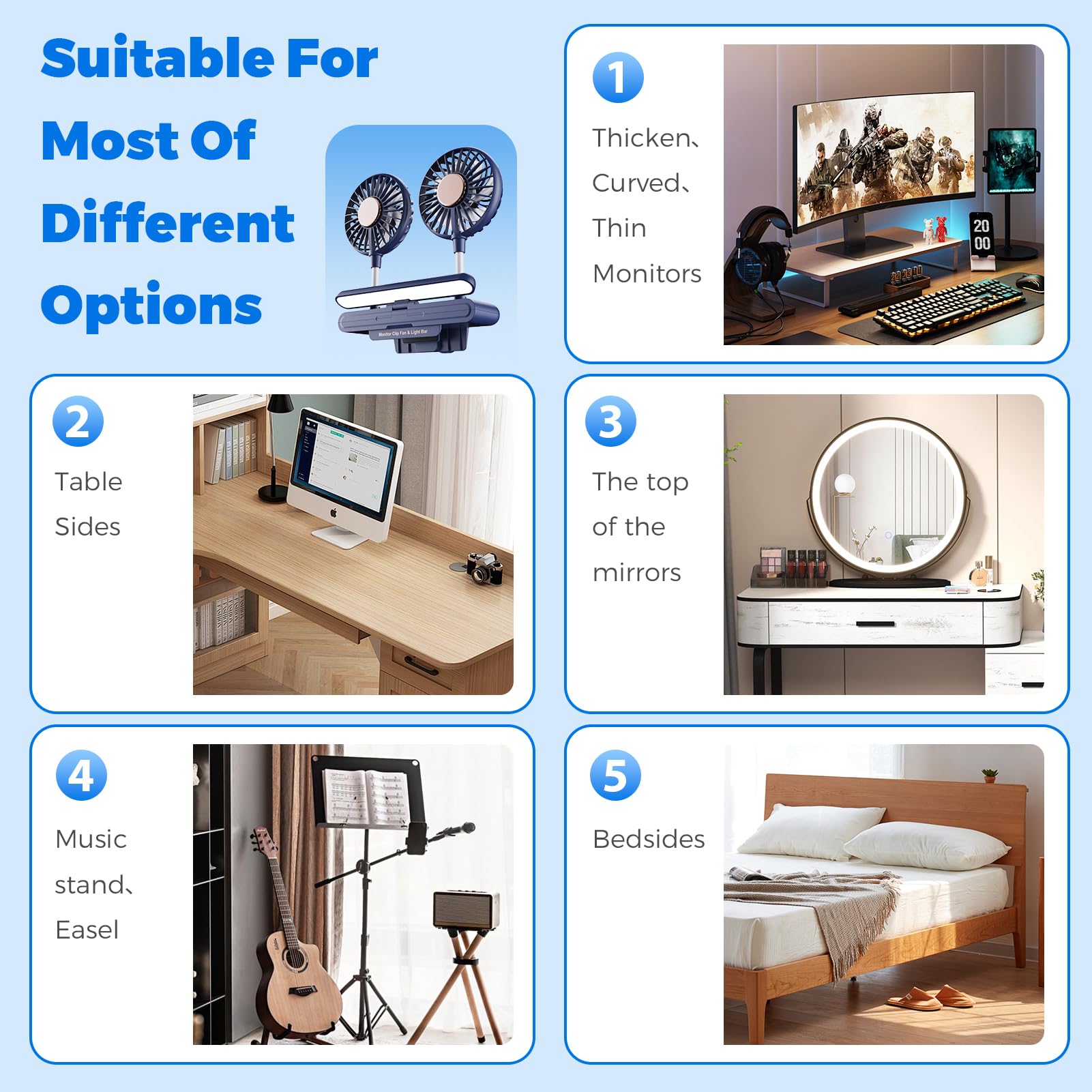 Monitor Light Bar With Fan, Two Head Personal Cooling Fan Monitor Clip Quiet Usb Fan Flip Open Led Lamp, Level 3 Brightness, 3 W